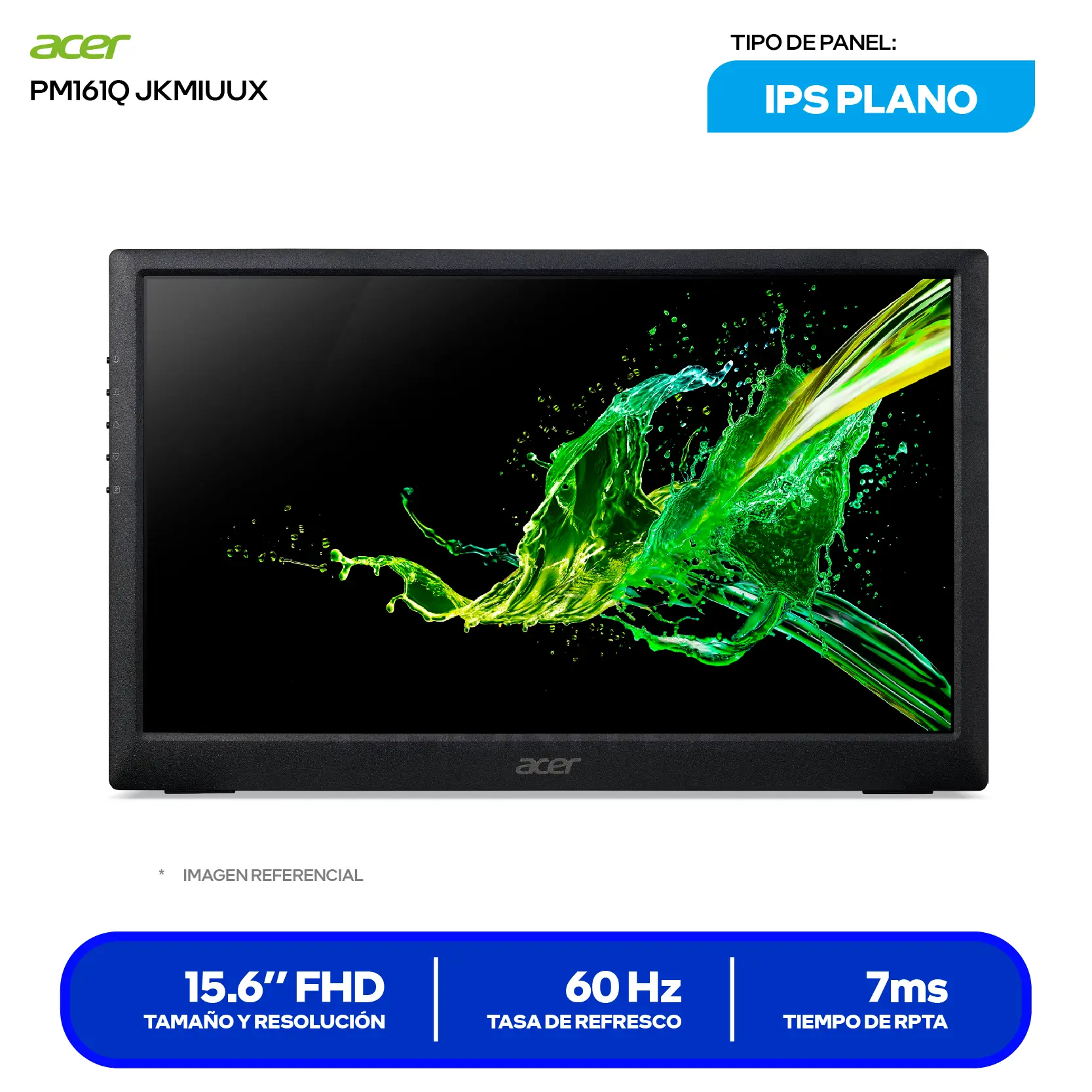 Monitor Portátil Acer PM161Q 15.6" IPS (UM.ZP1AA.C02) FHD, 60Hz, 20ms, Plano, Altavoces Integrados