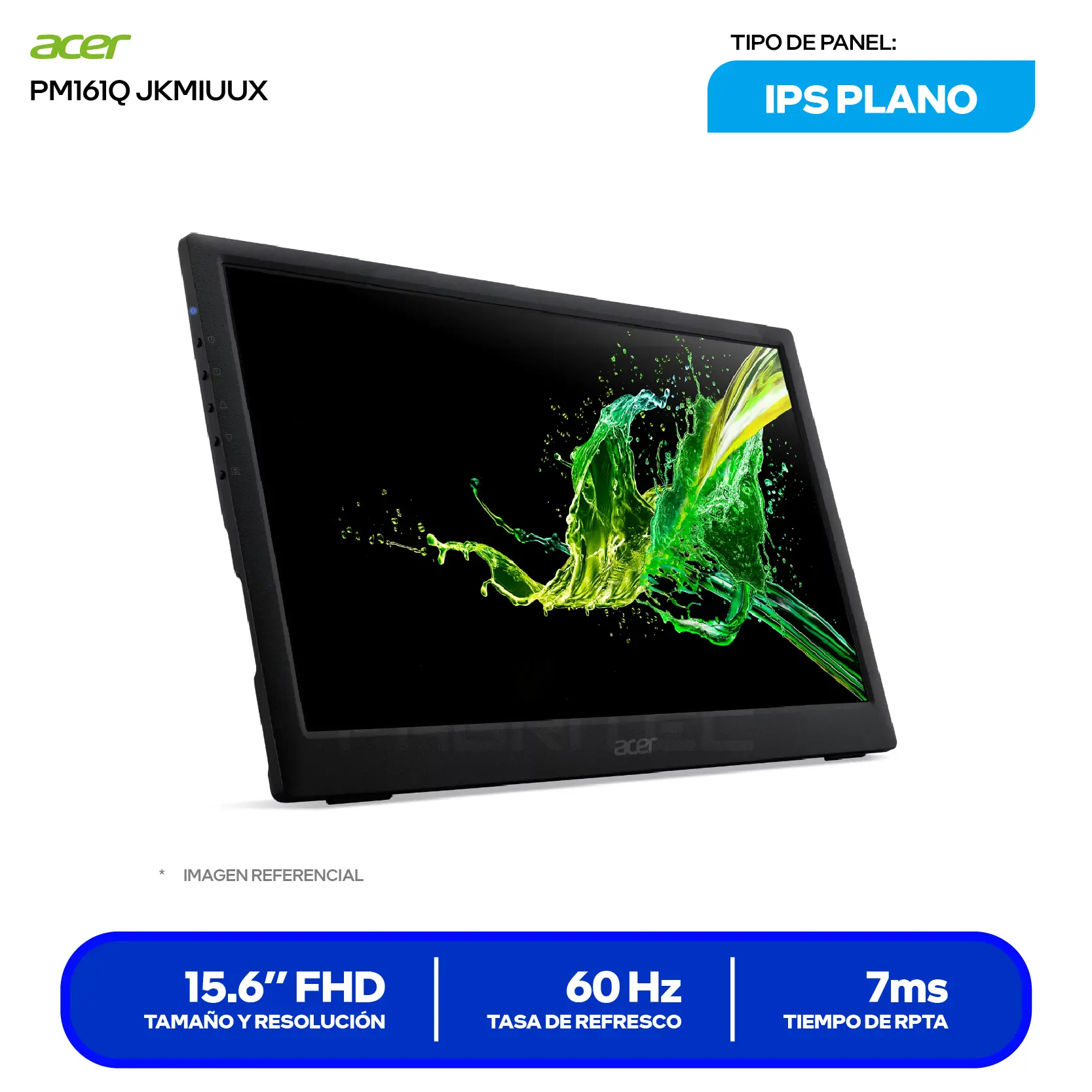 Monitor Portátil Acer PM161Q 15.6" IPS (UM.ZP1AA.C02) FHD, 60Hz, 20ms, Plano, Altavoces Integrados