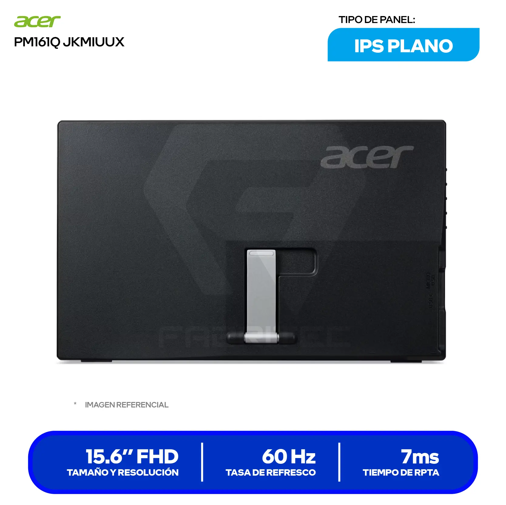 Monitor Portátil Acer PM161Q 15.6" IPS (UM.ZP1AA.C02) FHD, 60Hz, 20ms, Plano, Altavoces Integrados