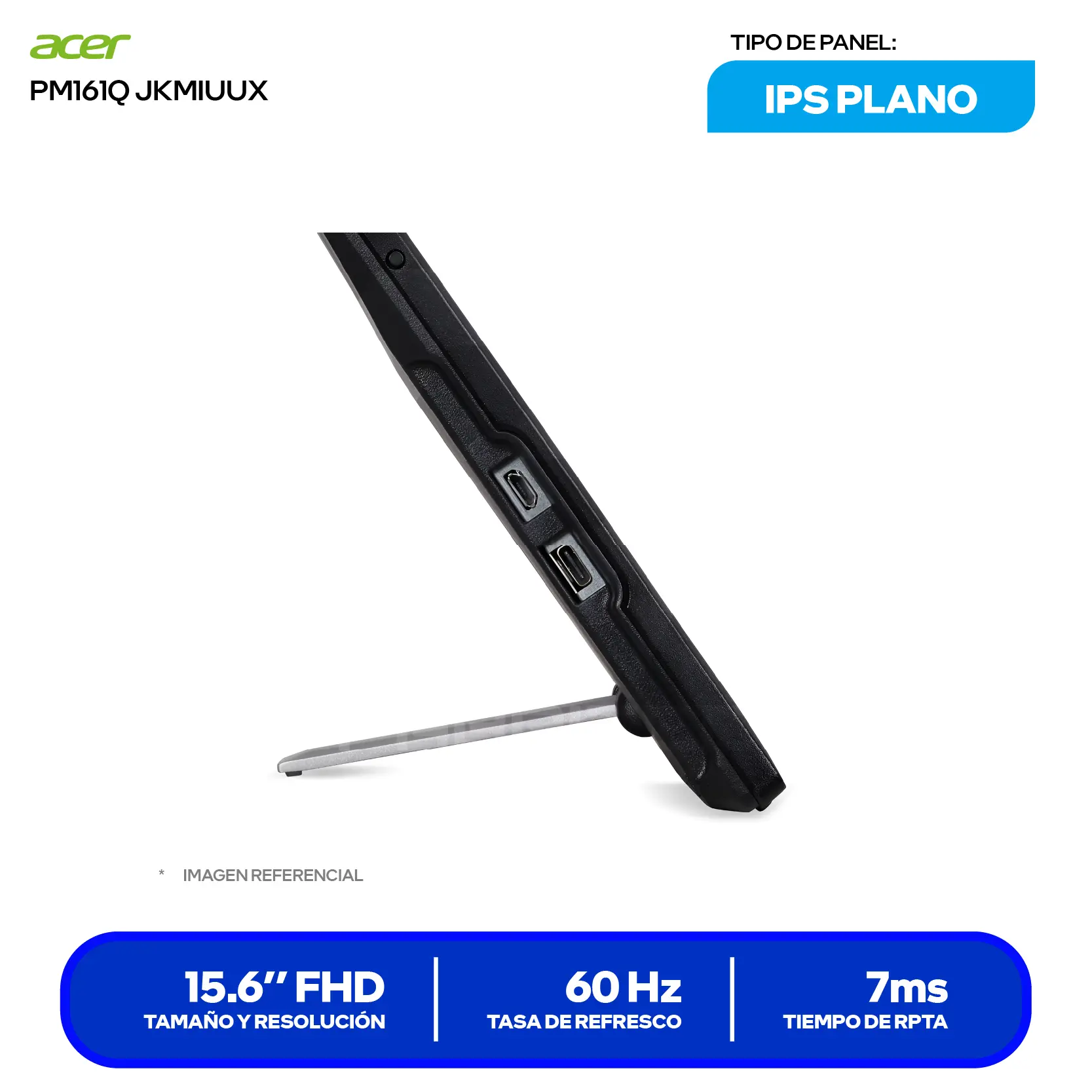 Monitor Portátil Acer PM161Q 15.6" IPS (UM.ZP1AA.C02) FHD, 60Hz, 20ms, Plano, Altavoces Integrados