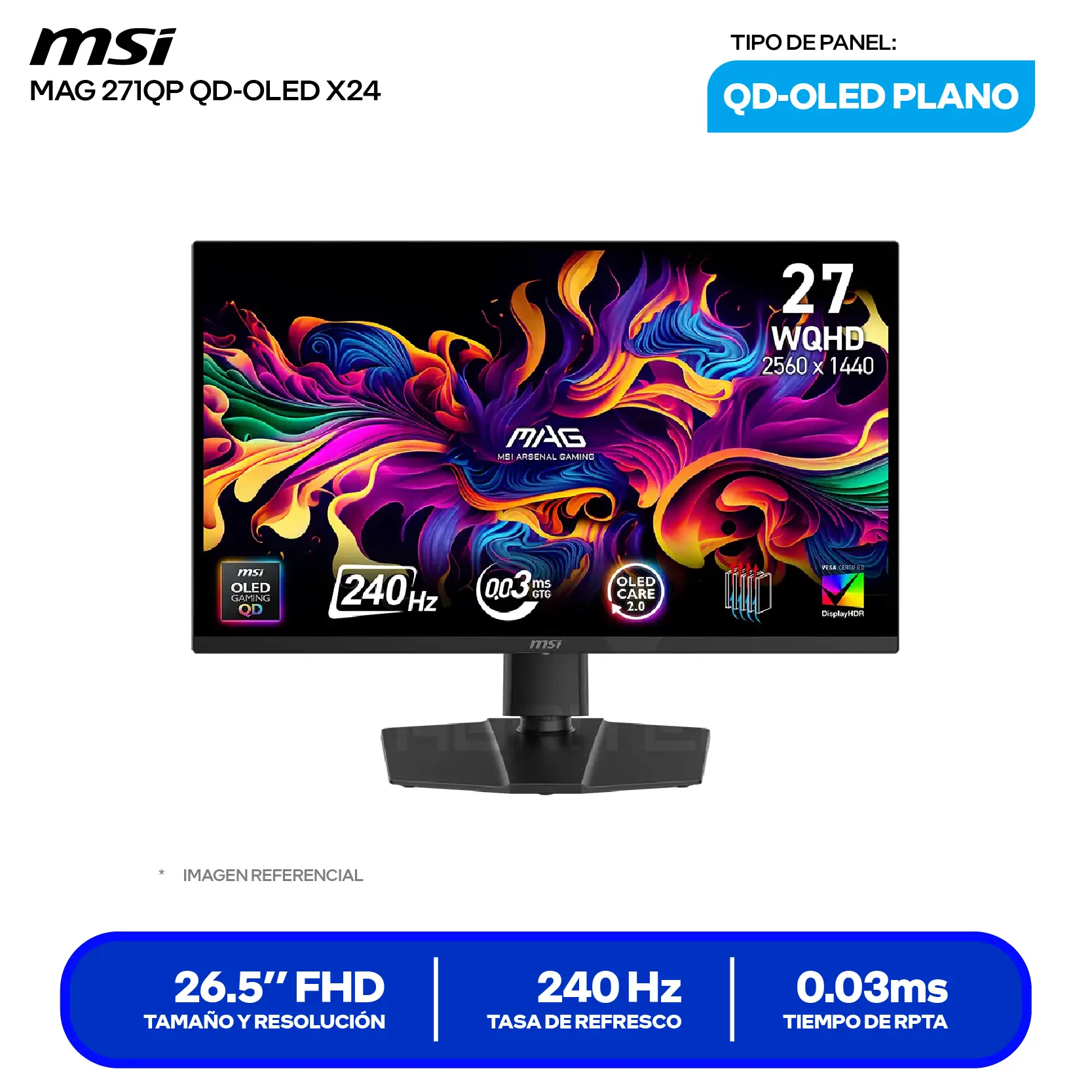 Monitor MSI MAG MP271QP QD OLED X24 27" QD-OLED MAG (3CD8) WQHD, 240Hz, 0.03ms, Plano