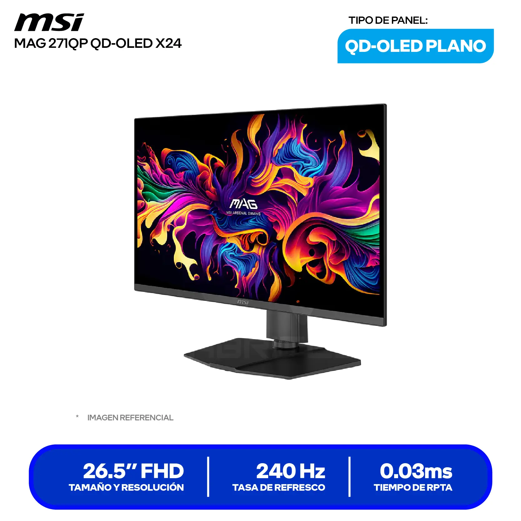 Monitor MSI MAG MP271QP QD OLED X24 27" QD-OLED MAG (3CD8) WQHD, 240Hz, 0.03ms, Plano