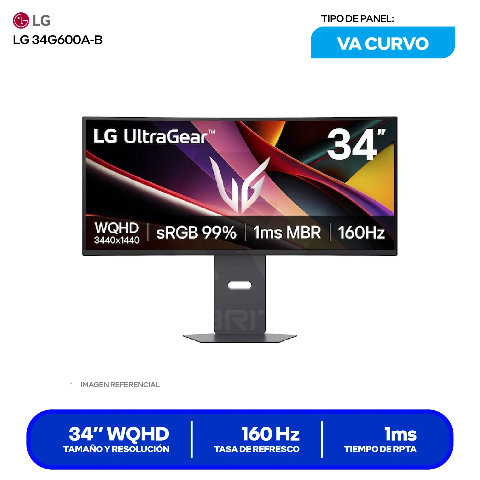Monitor LG UltraGear 34" VA Curvo (34G600A-B) WQHD, 160Hz, 1ms MBR, Altavoces Integrados