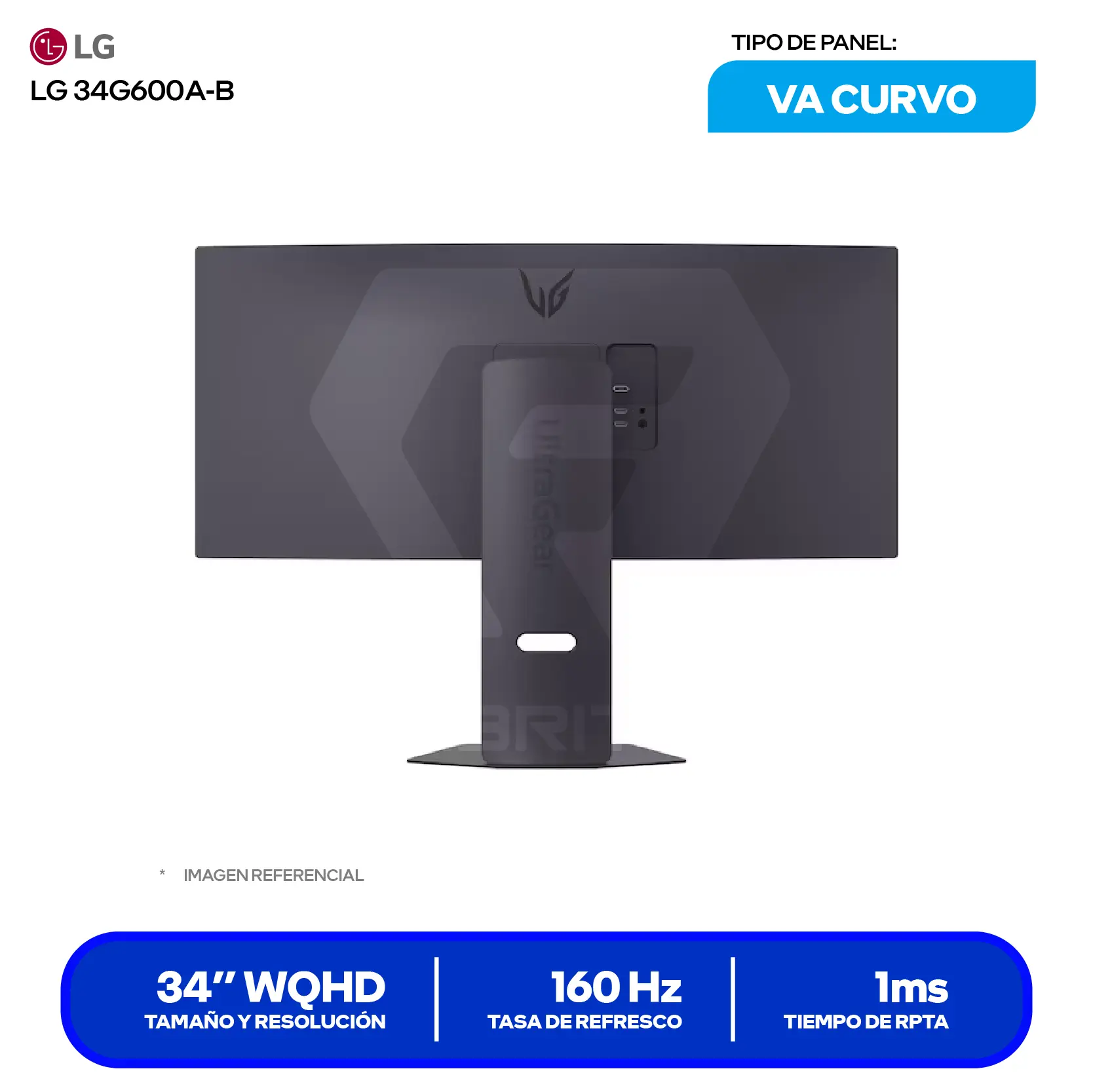 Monitor LG UltraGear 34" VA Curvo (34G600A-B) WQHD, 160Hz, 1ms MBR, Altavoces Integrados