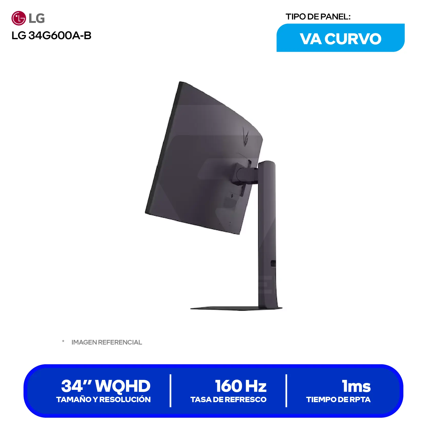 Monitor LG UltraGear 34" VA Curvo (34G600A-B) WQHD, 160Hz, 1ms MBR, Altavoces Integrados