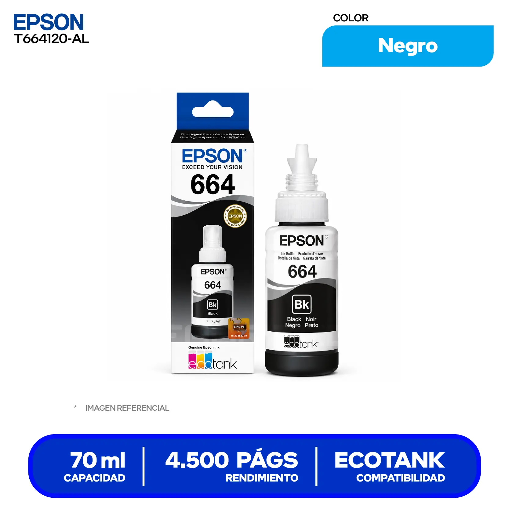 Botella de Tinta Epson T664 Negro (T664120-AL)