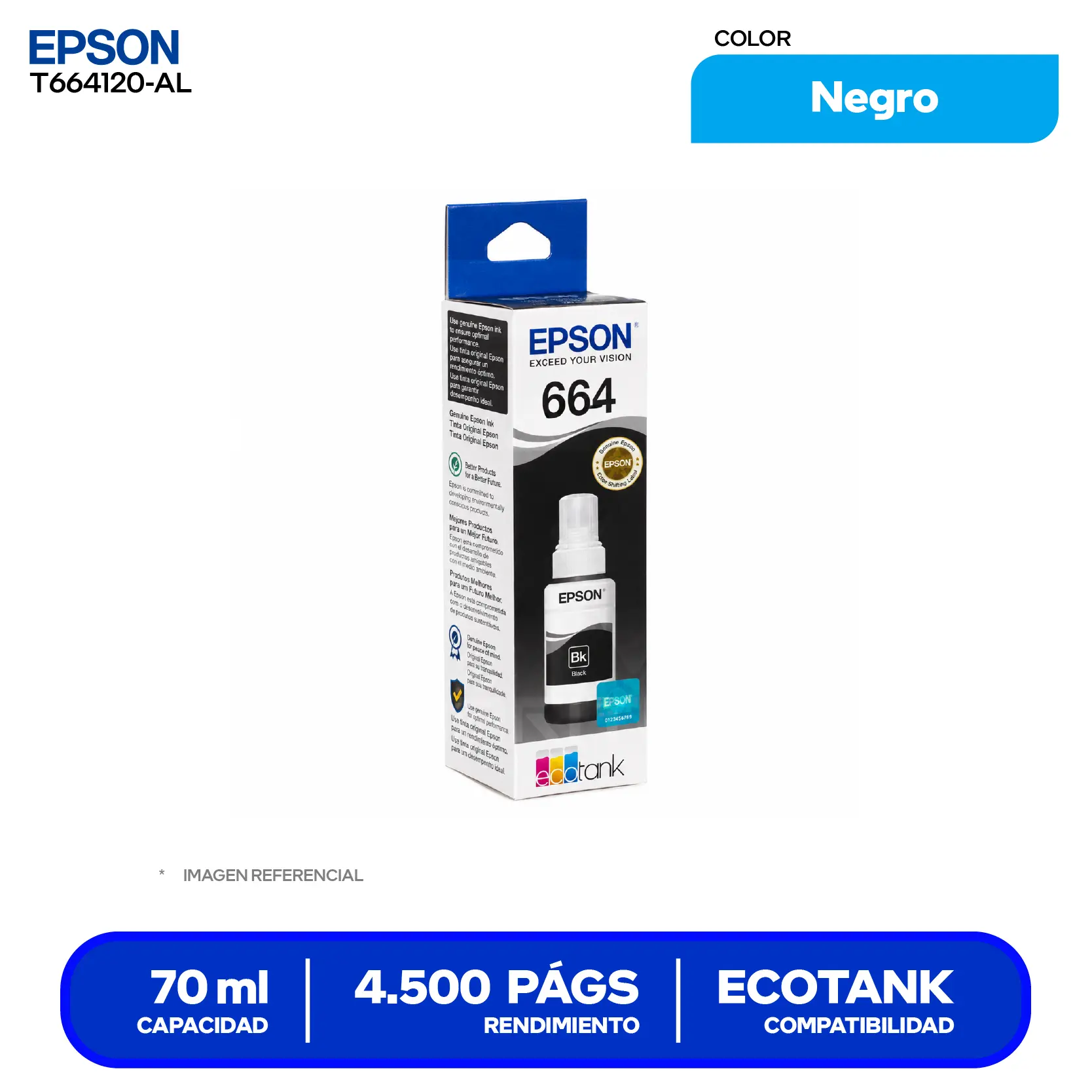 Botella de Tinta Epson T664 Negro (T664120-AL)