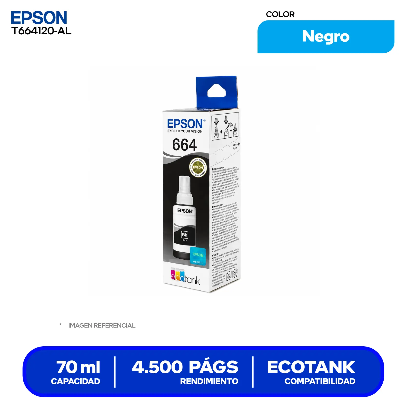 Botella de Tinta Epson T664 Negro (T664120-AL)