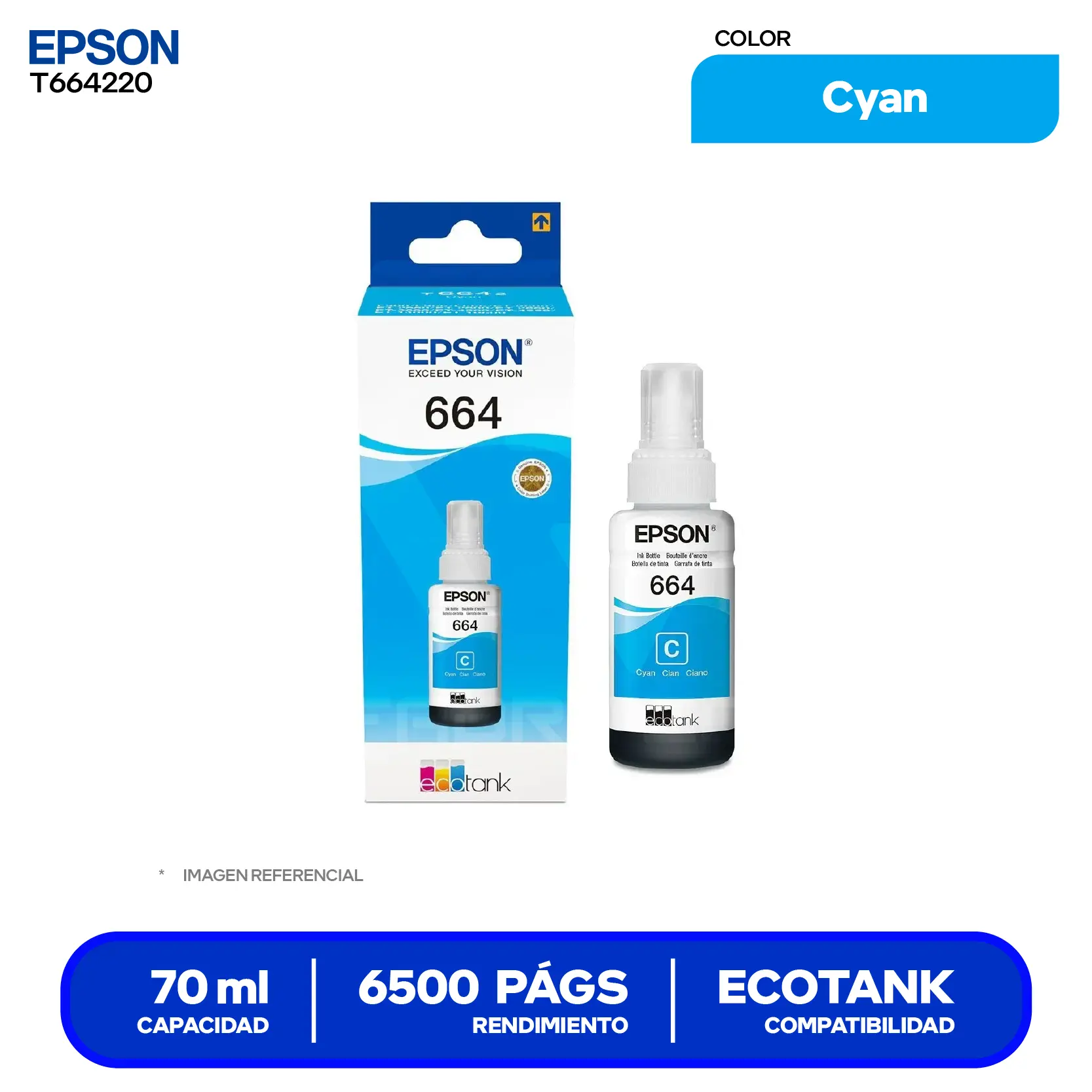Botella de Tinta Epson T664 Cyan (T664220-AL)