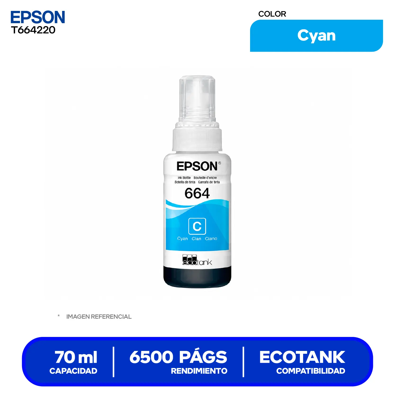 Botella de Tinta Epson T664 Cyan (T664220-AL)