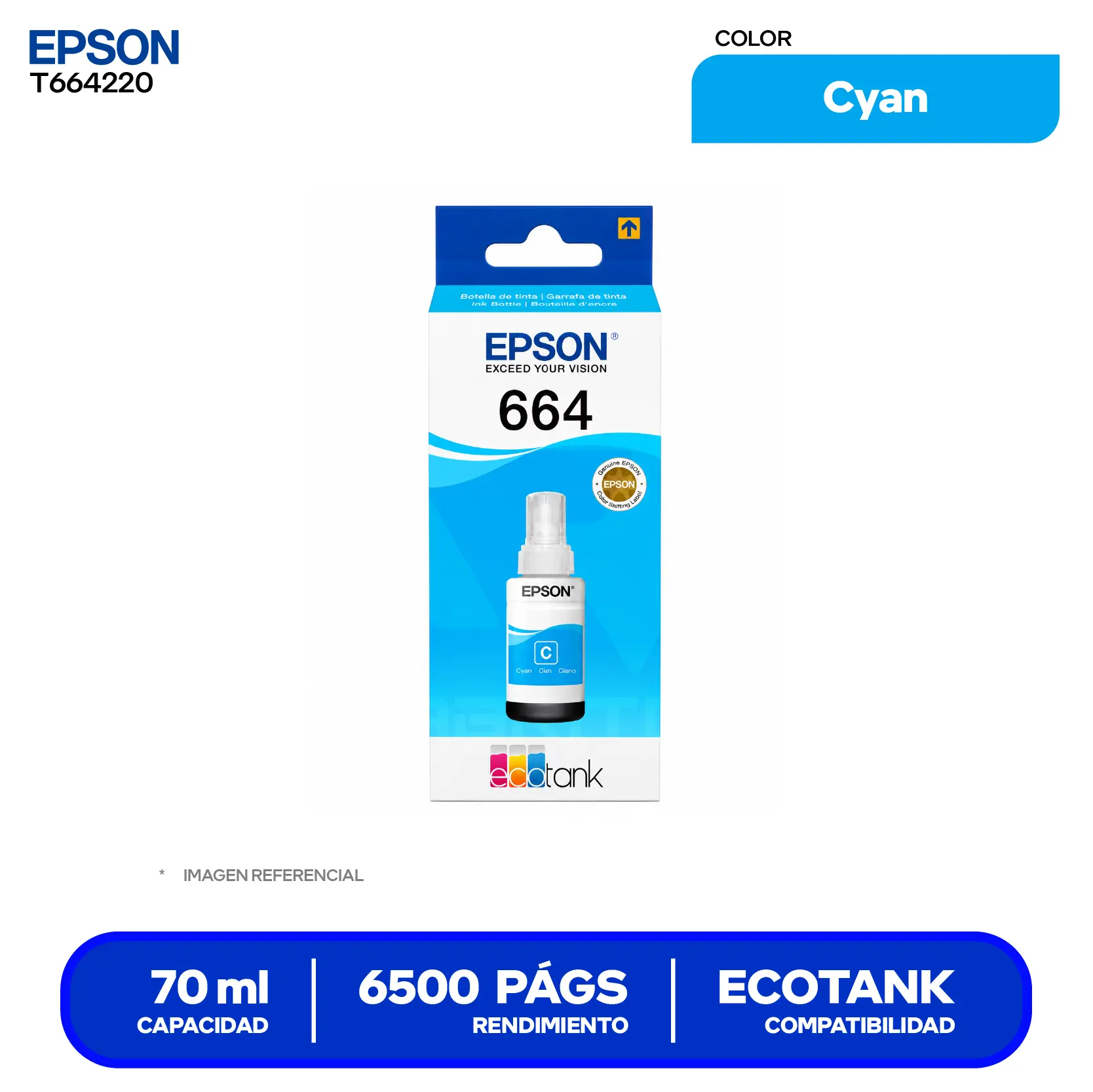 Botella de Tinta Epson T664 Cyan (T664220-AL)