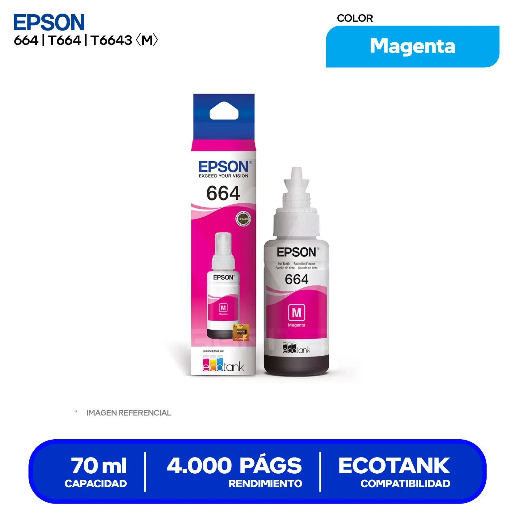 Botella de Tinta Epson T664 Magenta (T664320-AL)