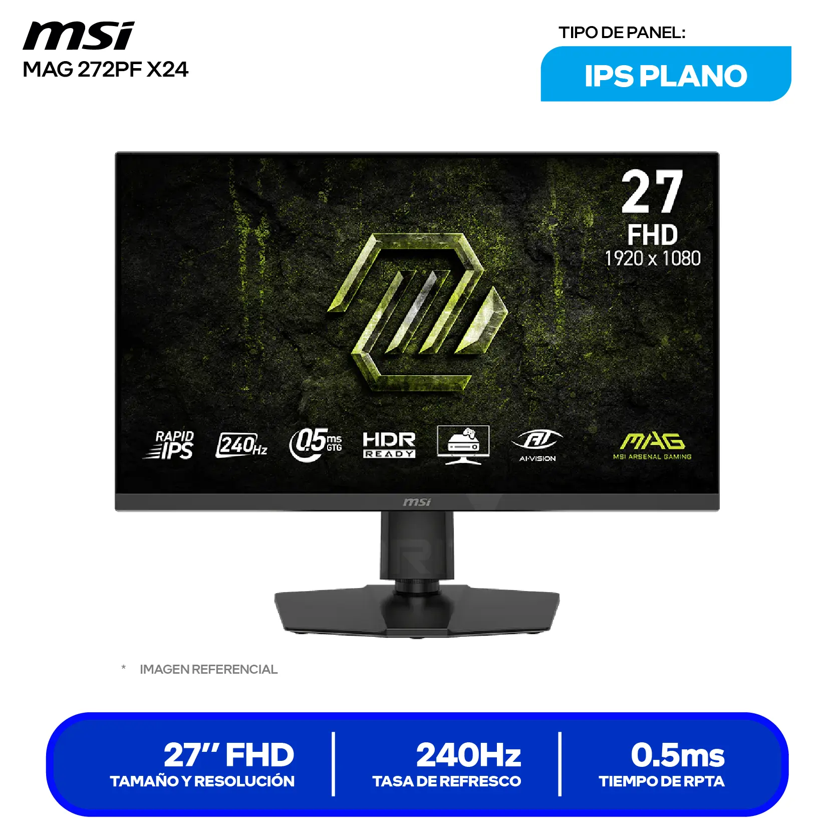MSI MAG 272PF X24 27'' IPS (MAG 272PF X24) FHD, 240Hz, 0.5ms, Plano, Altavoces Integrados