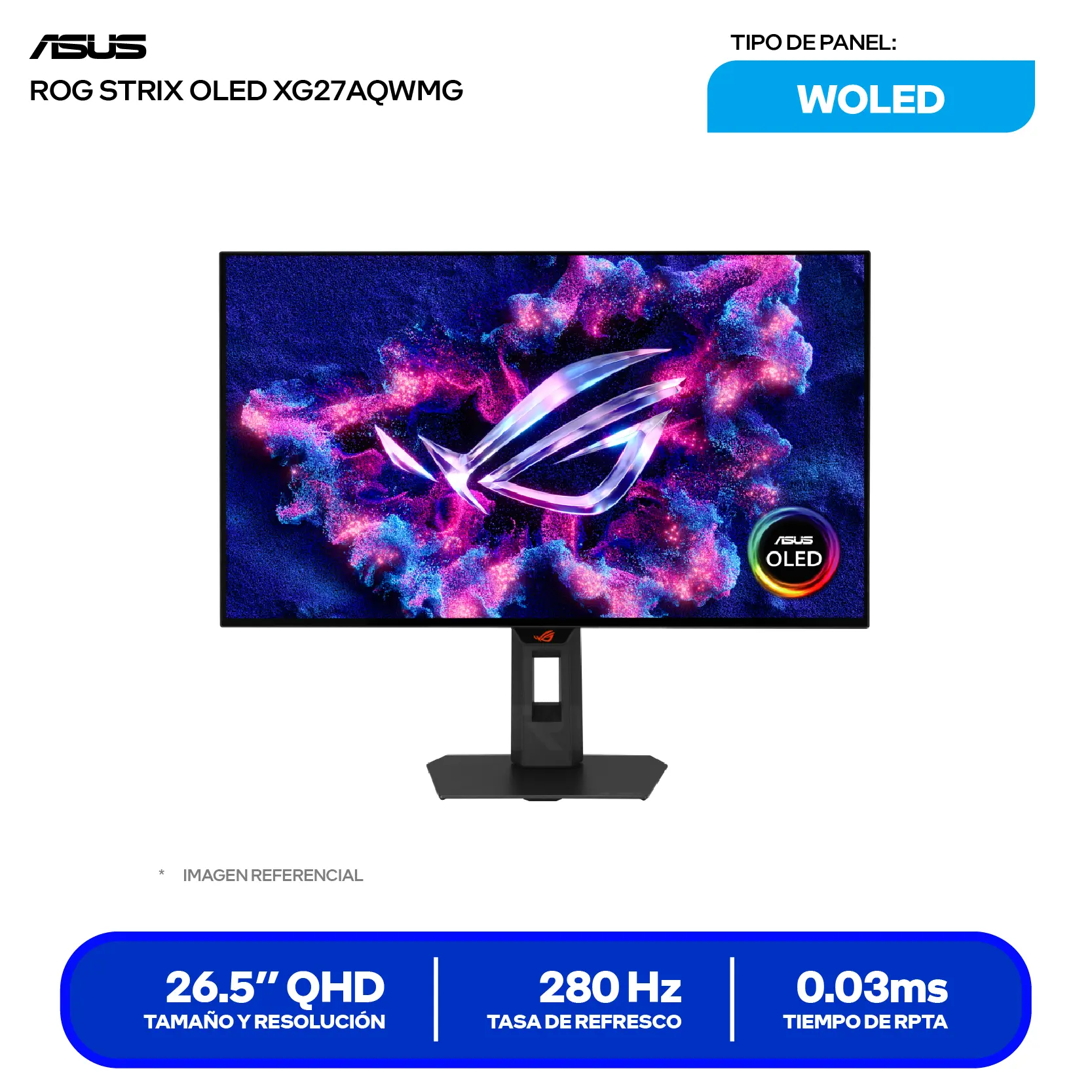 Monitor Asus ROG Strix 27'' WOLED (XG27AQWMG) QHD, 280Hz, 0.03ms, Plano, Iluminación RGB