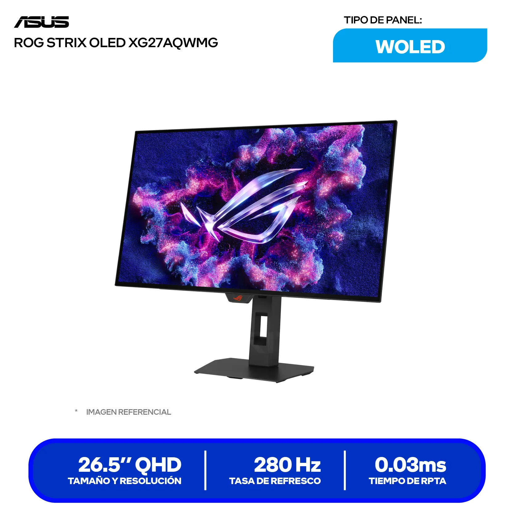 Monitor Asus ROG Strix 27'' WOLED (XG27AQWMG) QHD, 280Hz, 0.03ms, Plano, Iluminación RGB