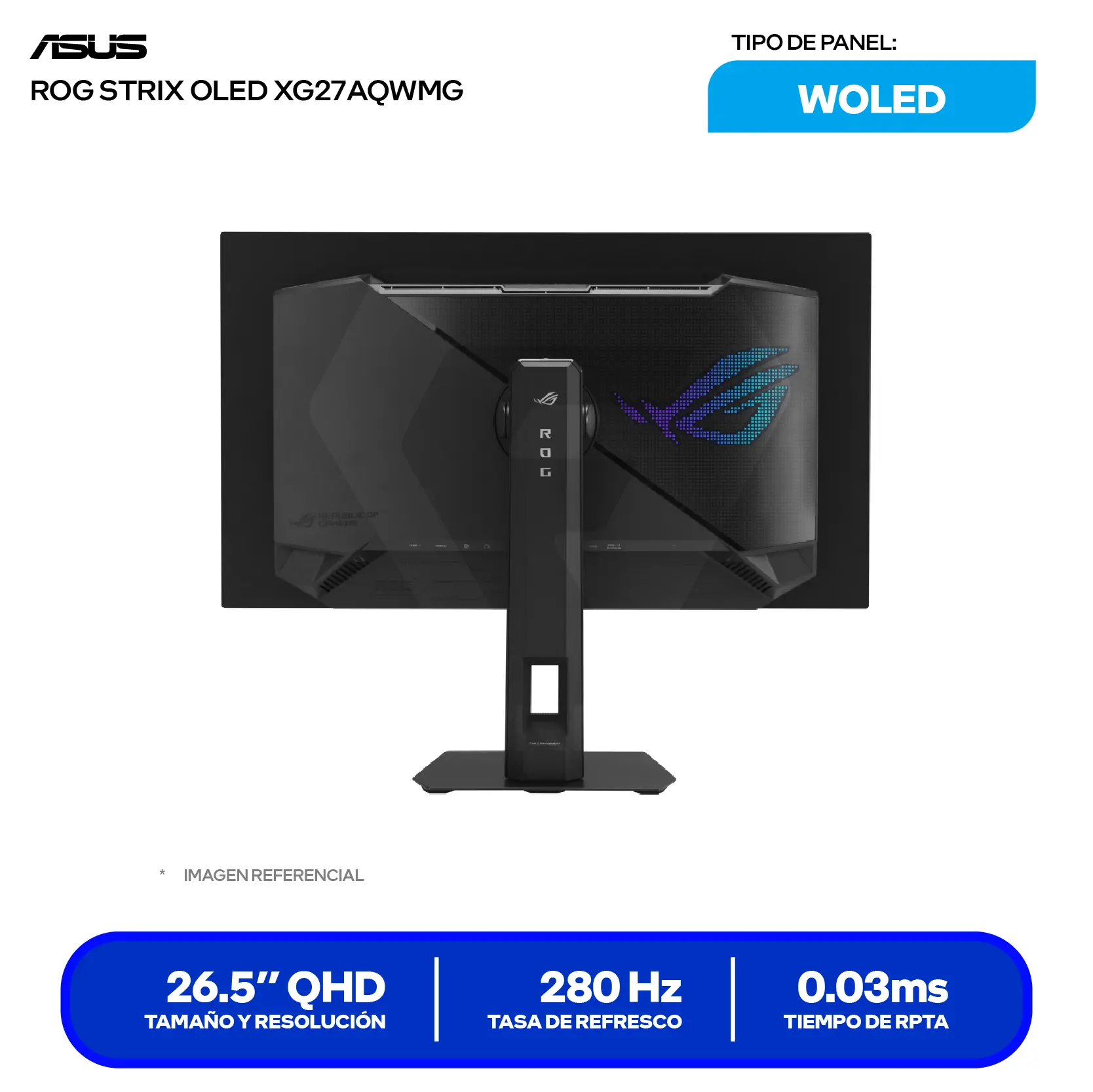 Monitor Asus ROG Strix 27'' WOLED (XG27AQWMG) QHD, 280Hz, 0.03ms, Plano, Iluminación RGB