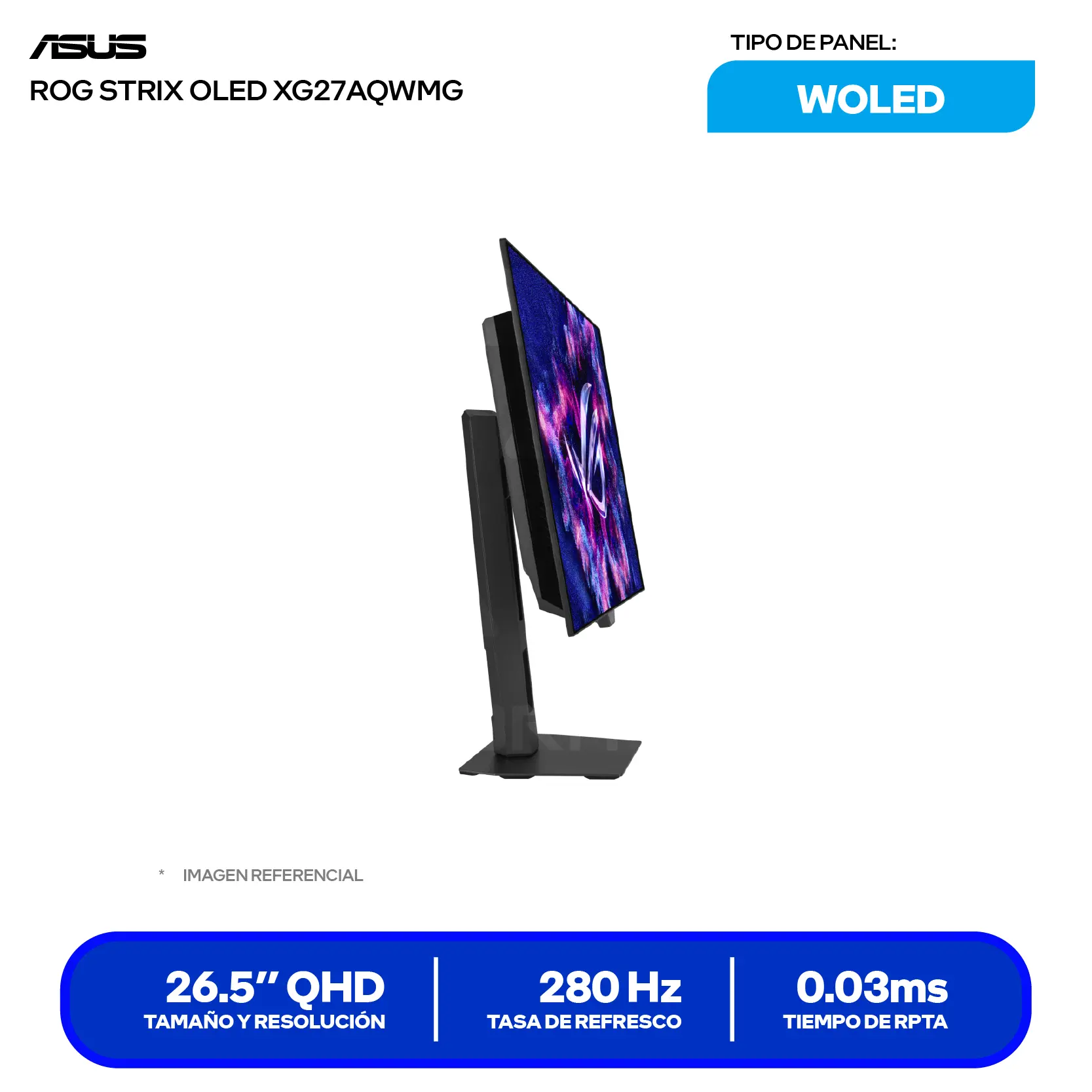 Monitor Asus ROG Strix 27'' WOLED (XG27AQWMG) QHD, 280Hz, 0.03ms, Plano, Iluminación RGB