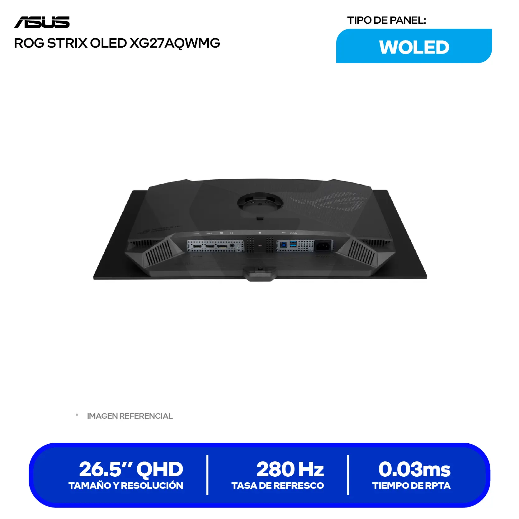 Monitor Asus ROG Strix 27'' WOLED (XG27AQWMG) QHD, 280Hz, 0.03ms, Plano, Iluminación RGB