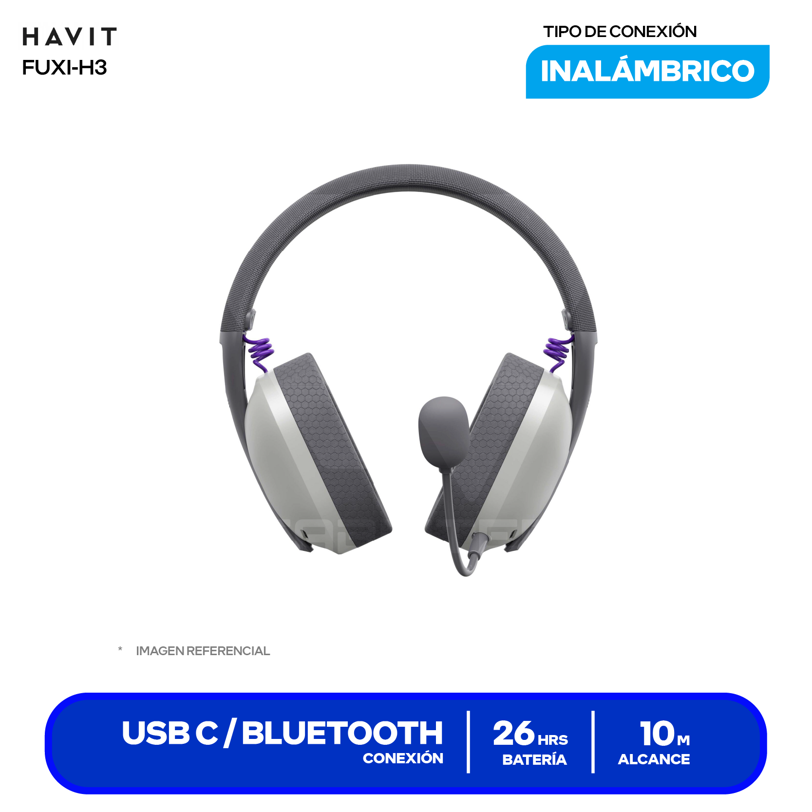 Audífono Havit Fuxi-H3 Gris (HVGMH-FUXI-H3-GY) Quad-Mode 2.4GHz, Bluetooth, USB 7.1, Jack 3.5, Micrófono Integrado