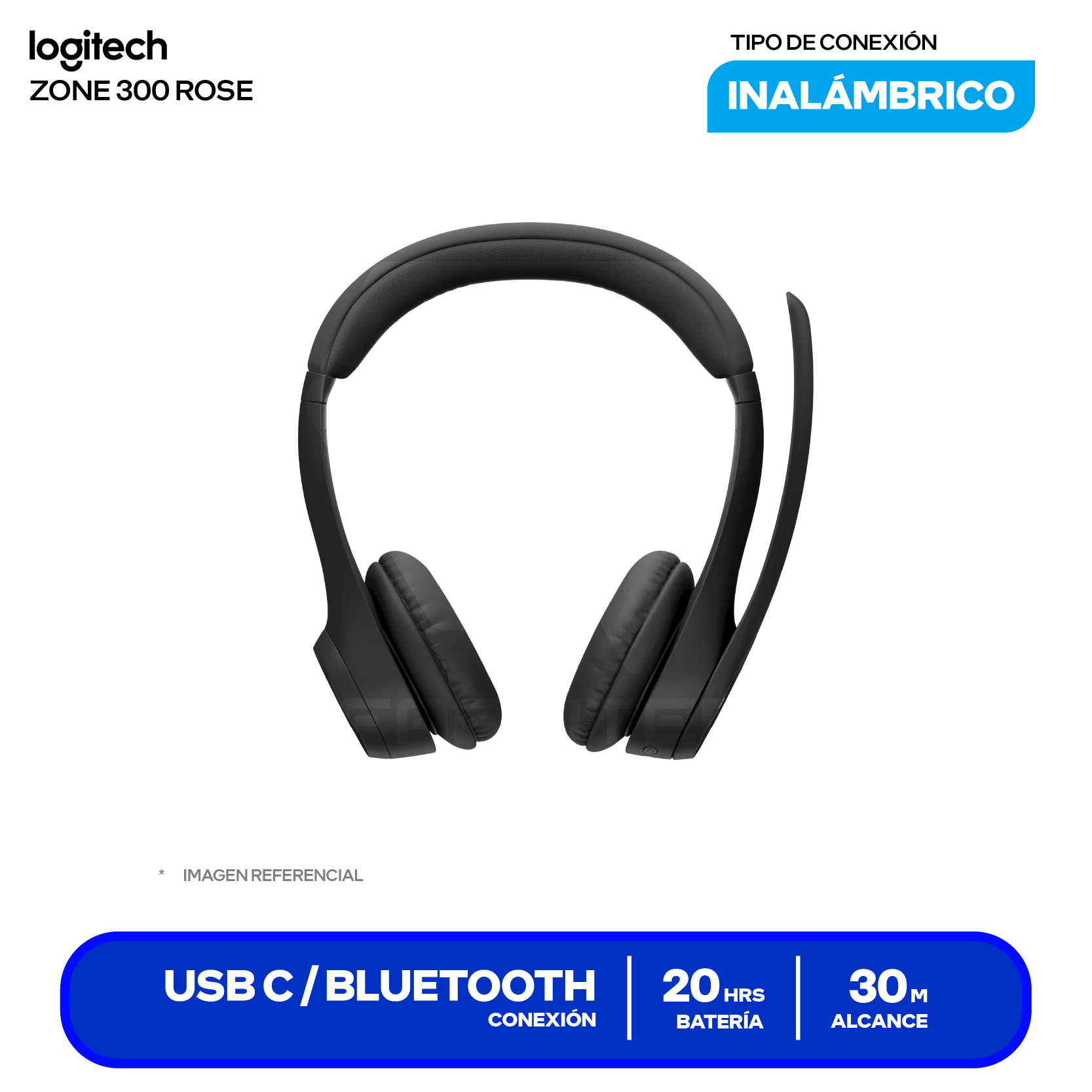 Audífono Logitech Zone 300 Negro (981-001406) Inalámbrico Bluetooth 5.3, Micrófono Integrado