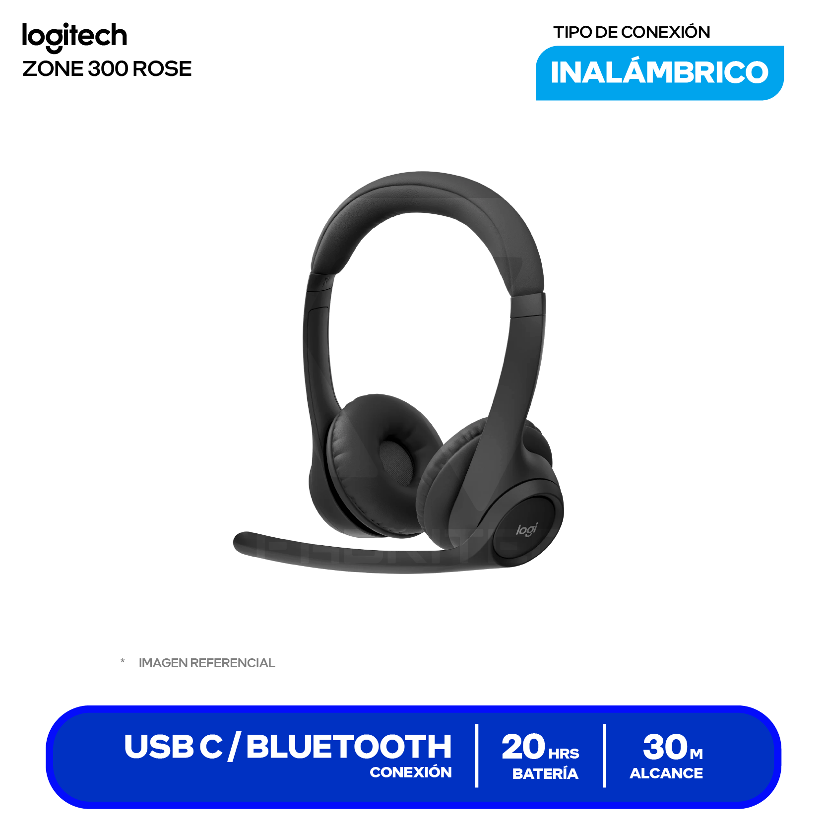 Audífono Logitech Zone 300 Negro (981-001406) Inalámbrico Bluetooth 5.3, Micrófono Integrado