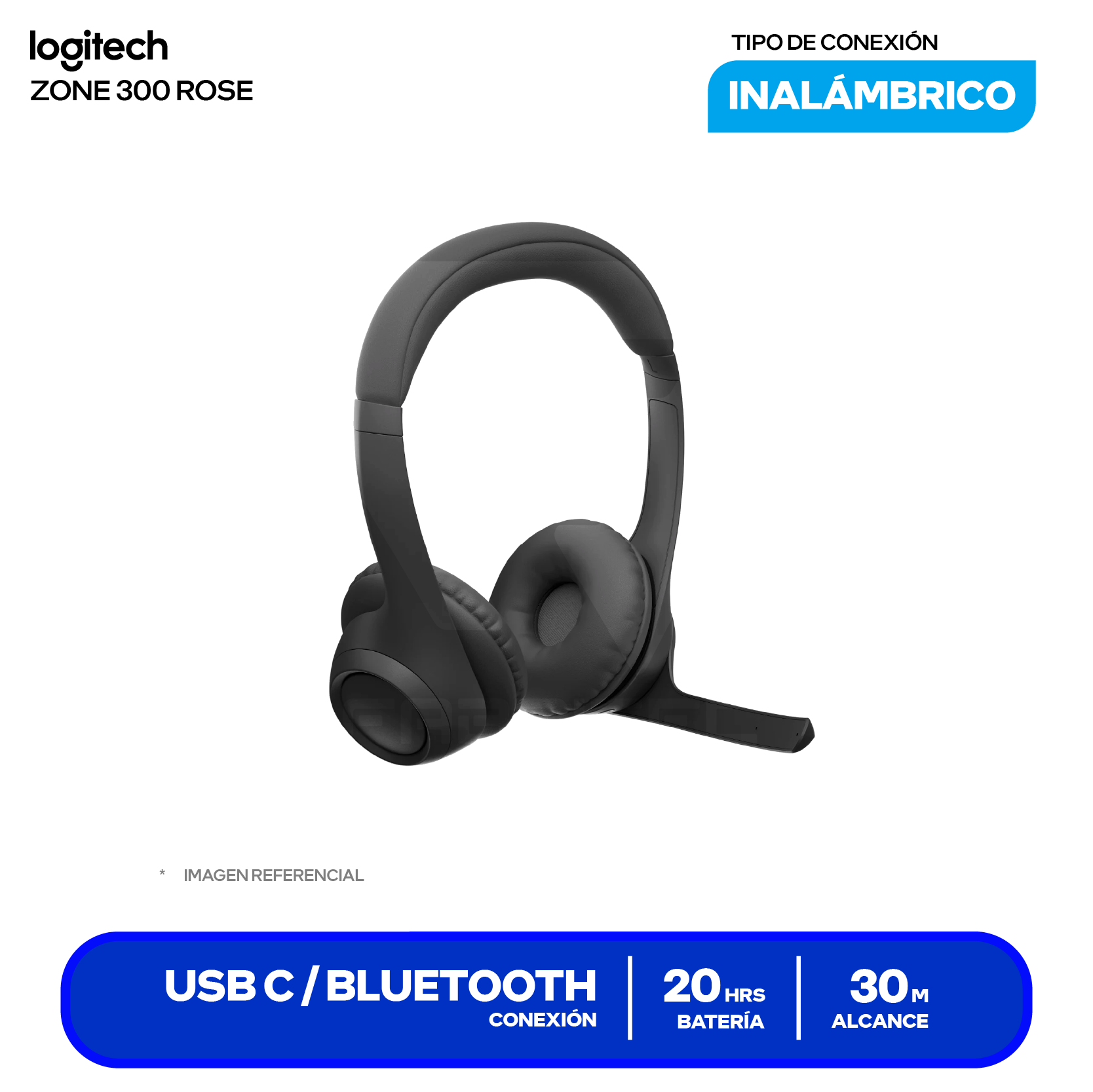 Audífono Logitech Zone 300 Negro (981-001406) Inalámbrico Bluetooth 5.3, Micrófono Integrado