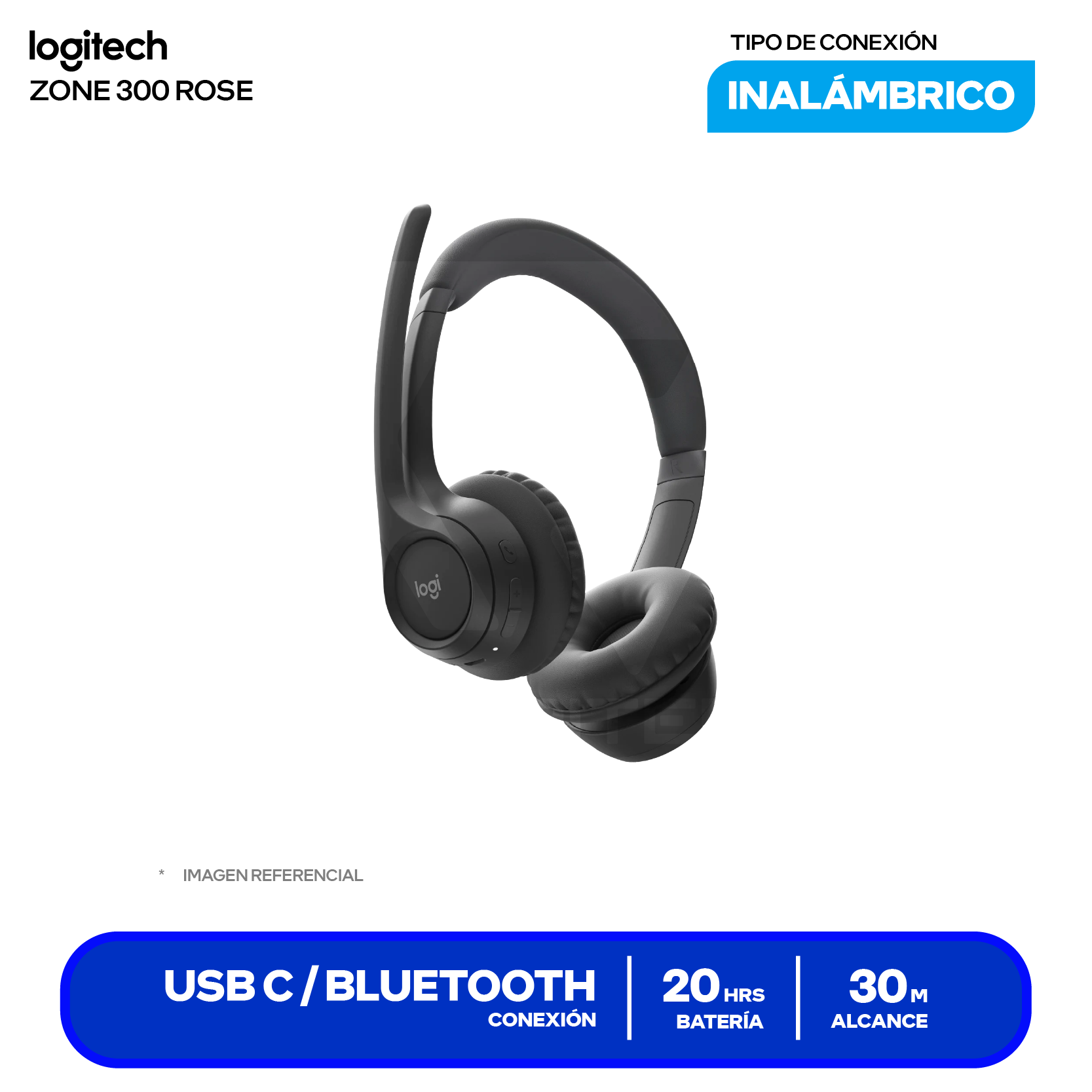 Audífono Logitech Zone 300 Negro (981-001406) Inalámbrico Bluetooth 5.3, Micrófono Integrado