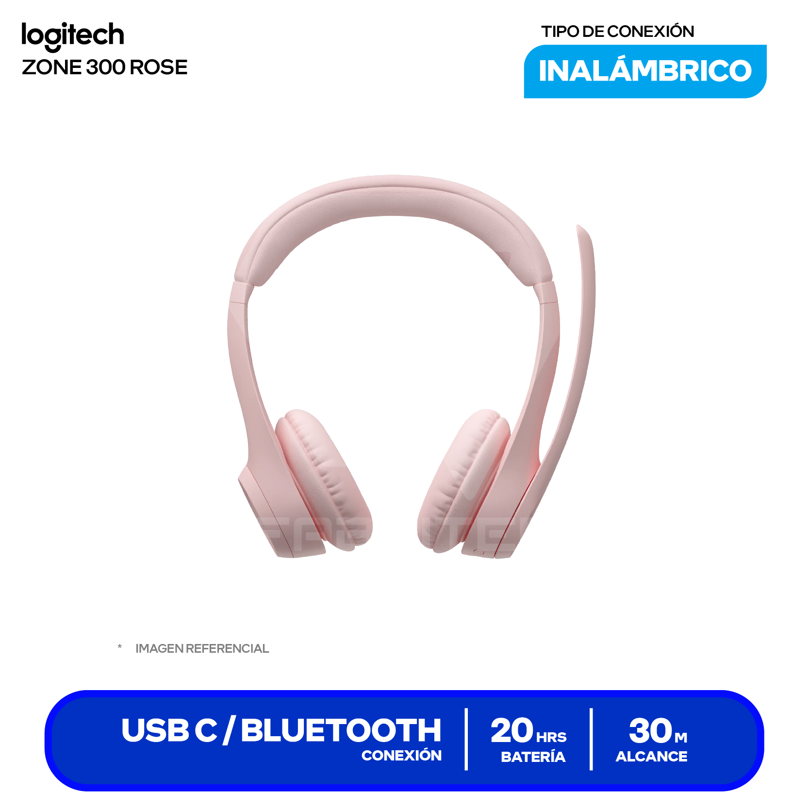 Audífono Logitech Zone 300 Rosa (981-1411), Inalámbrico Bluetooth 5.3, Micrófono Integrado