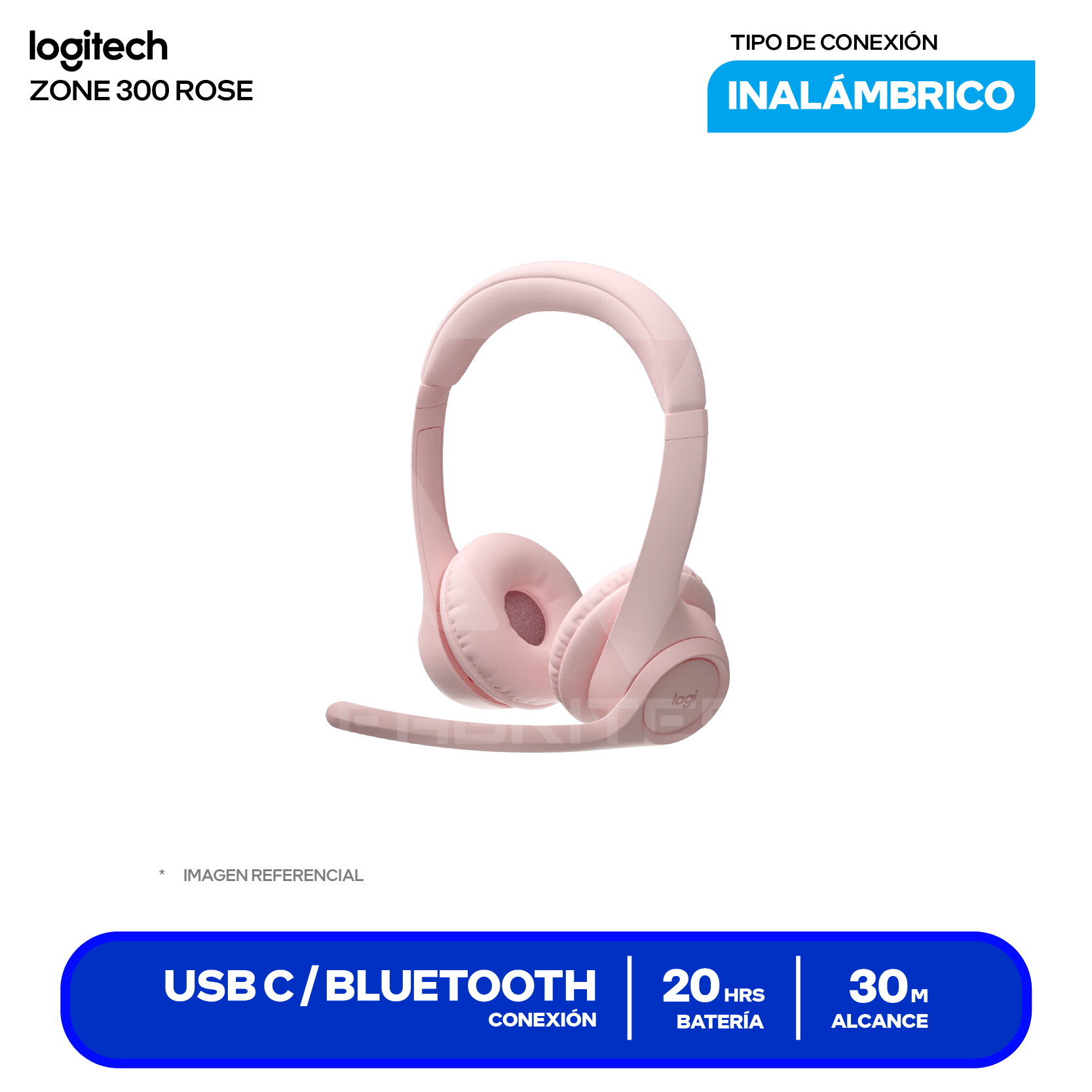 Audífono Logitech Zone 300 Rosa (981-1411), Inalámbrico Bluetooth 5.3, Micrófono Integrado