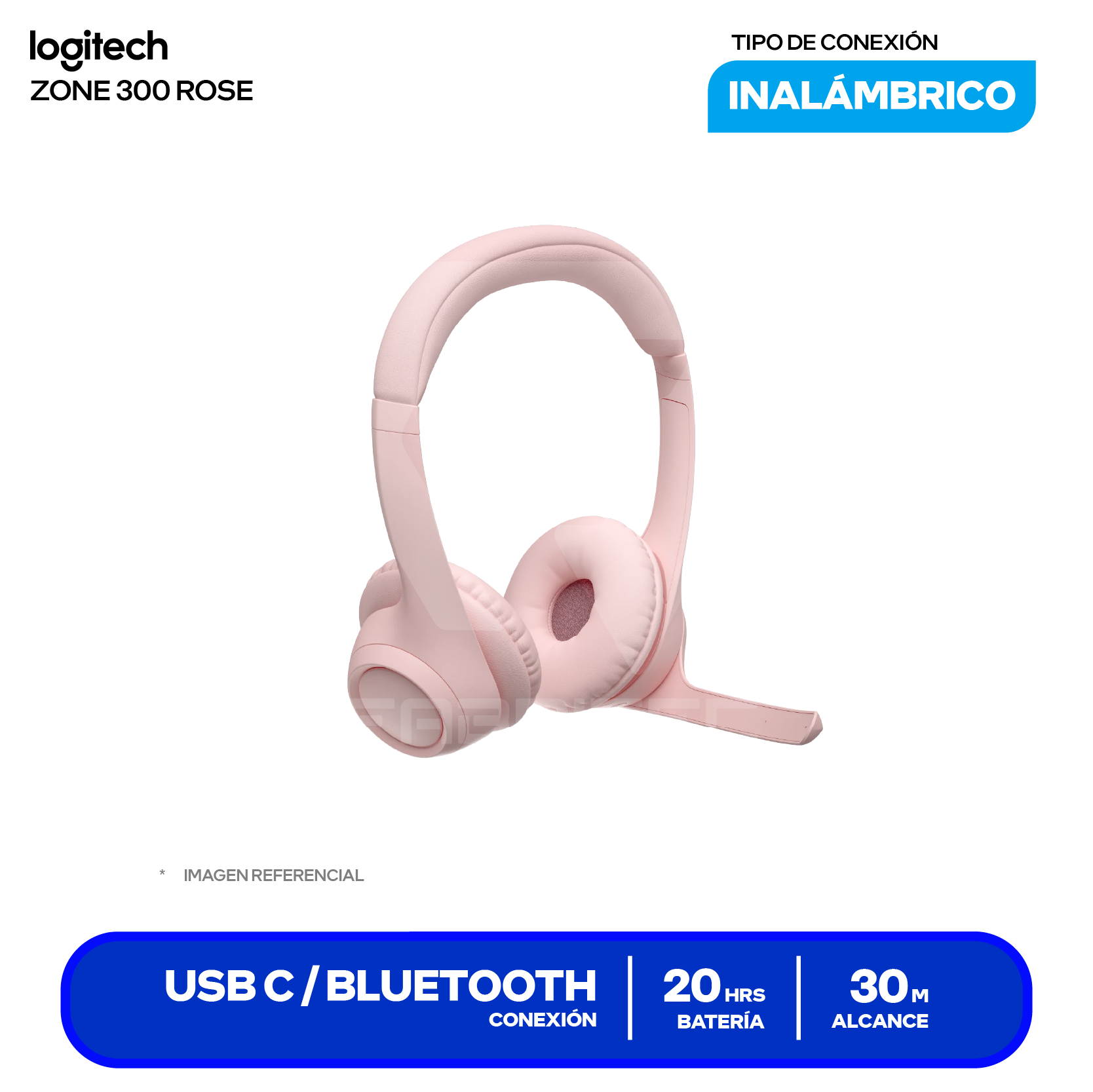 Audífono Logitech Zone 300 Rosa (981-1411), Inalámbrico Bluetooth 5.3, Micrófono Integrado
