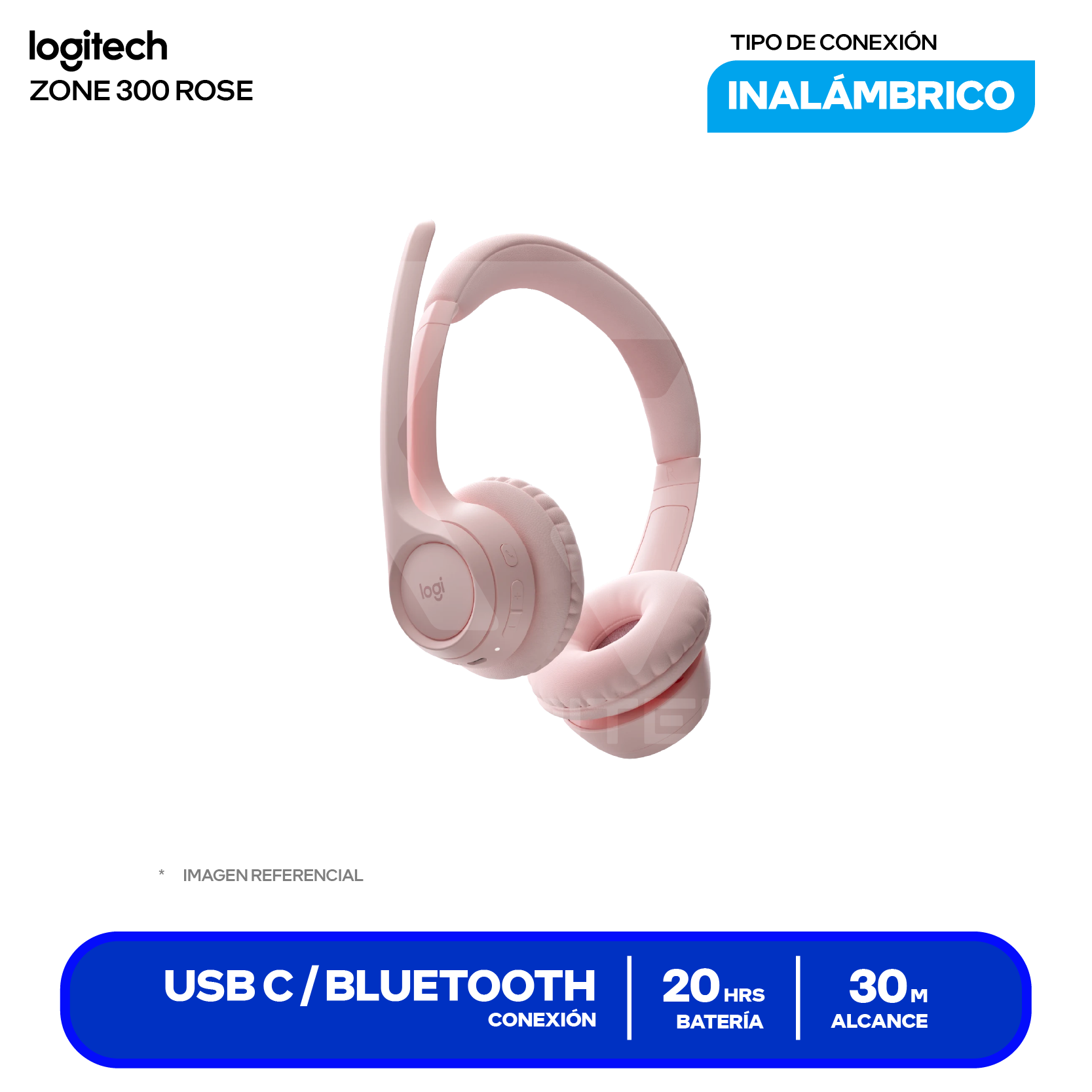 Audífono Logitech Zone 300 Rosa (981-1411), Inalámbrico Bluetooth 5.3, Micrófono Integrado