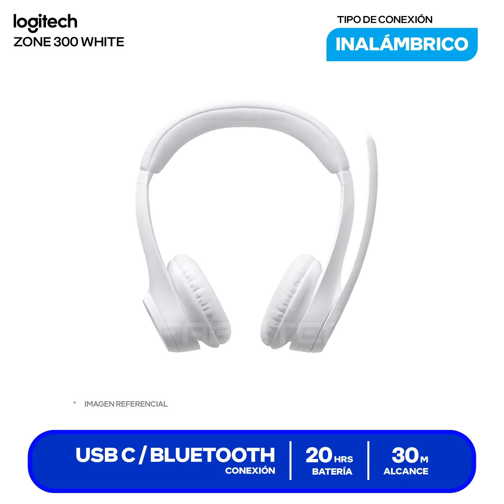 Audífono Logitech Zone 300 Blanco (981-1416), Inalámbrico Bluetooth 5.3, Micrófono Integrado