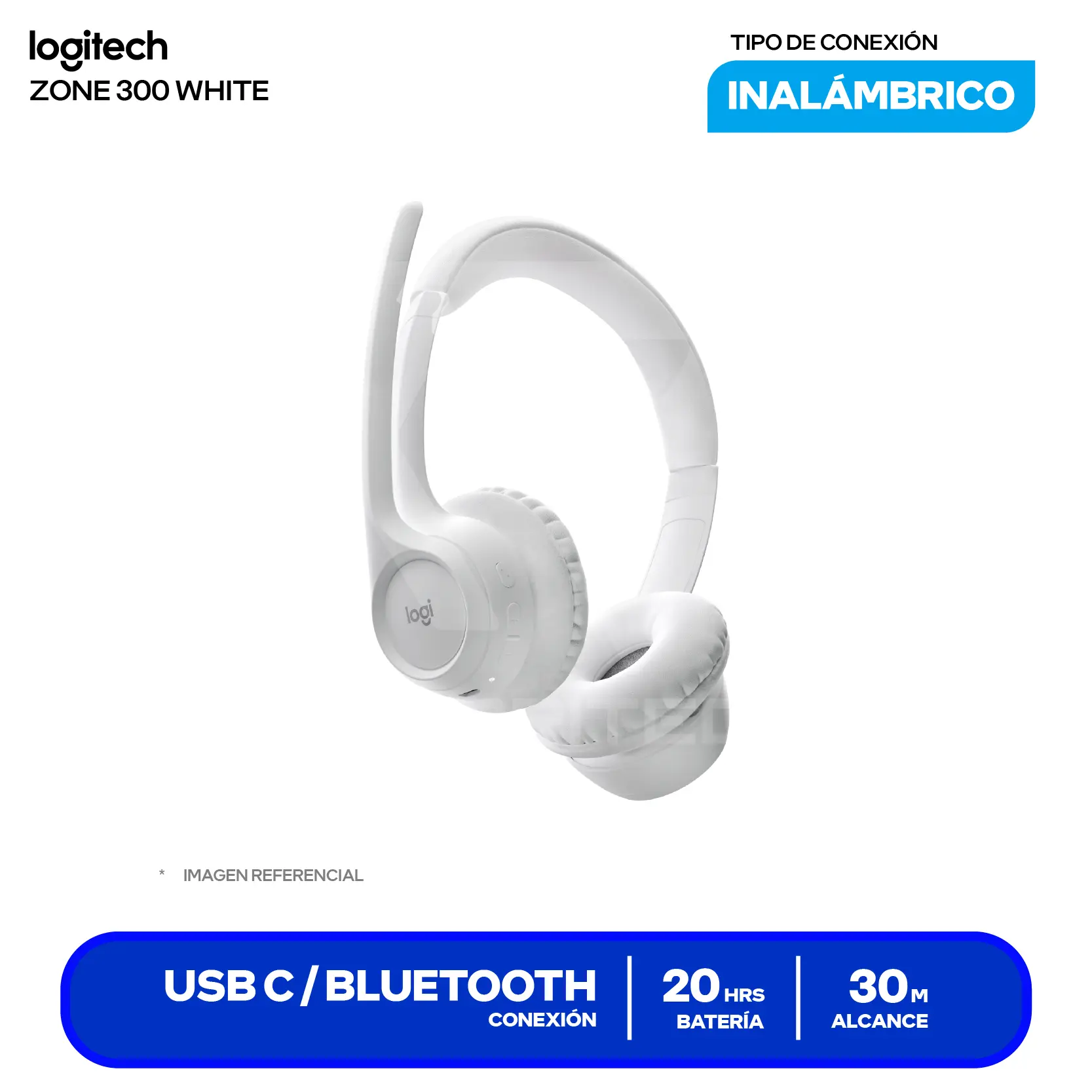 Audífono Logitech Zone 300 Blanco (981-1416), Inalámbrico Bluetooth 5.3, Micrófono Integrado