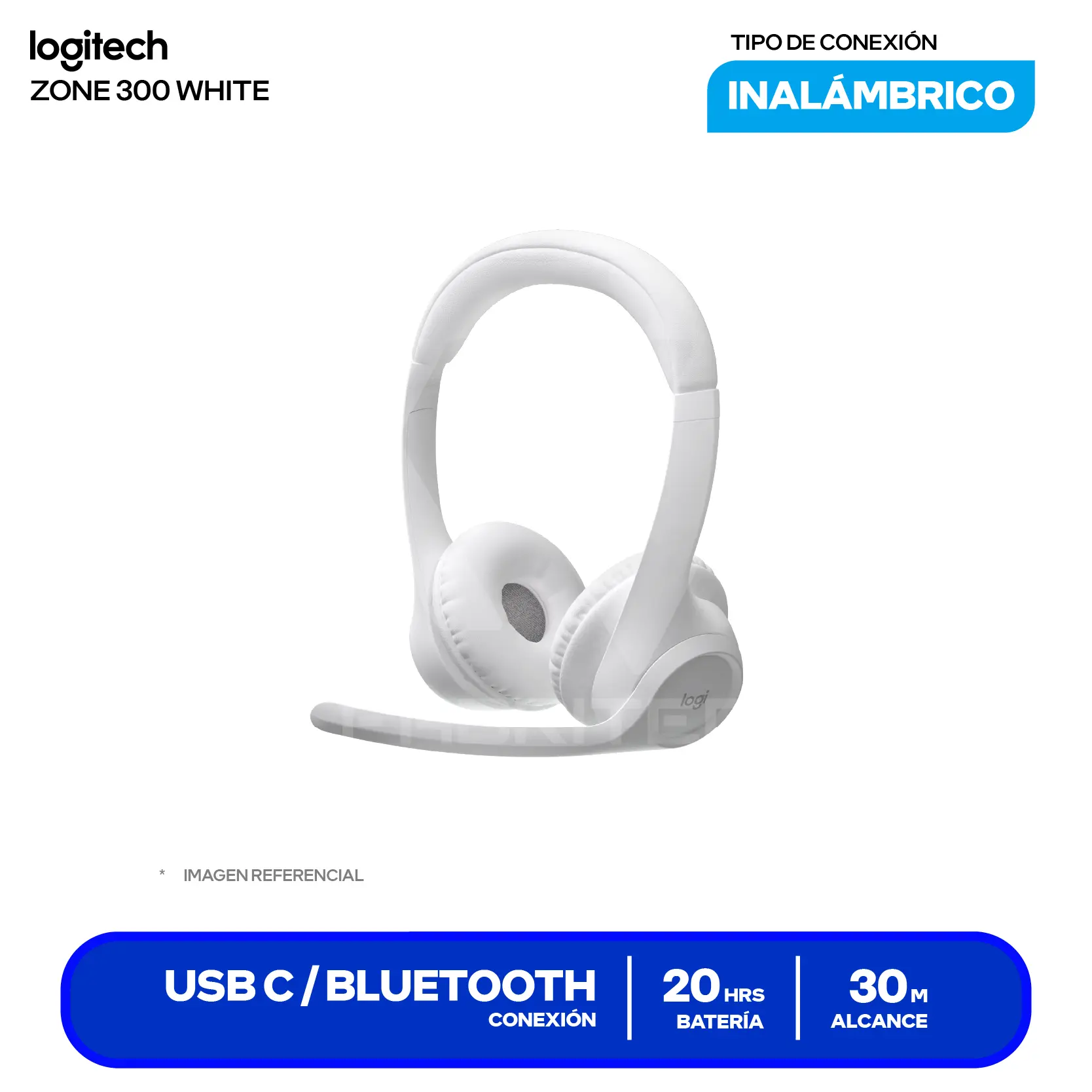 Audífono Logitech Zone 300 Blanco (981-1416), Inalámbrico Bluetooth 5.3, Micrófono Integrado