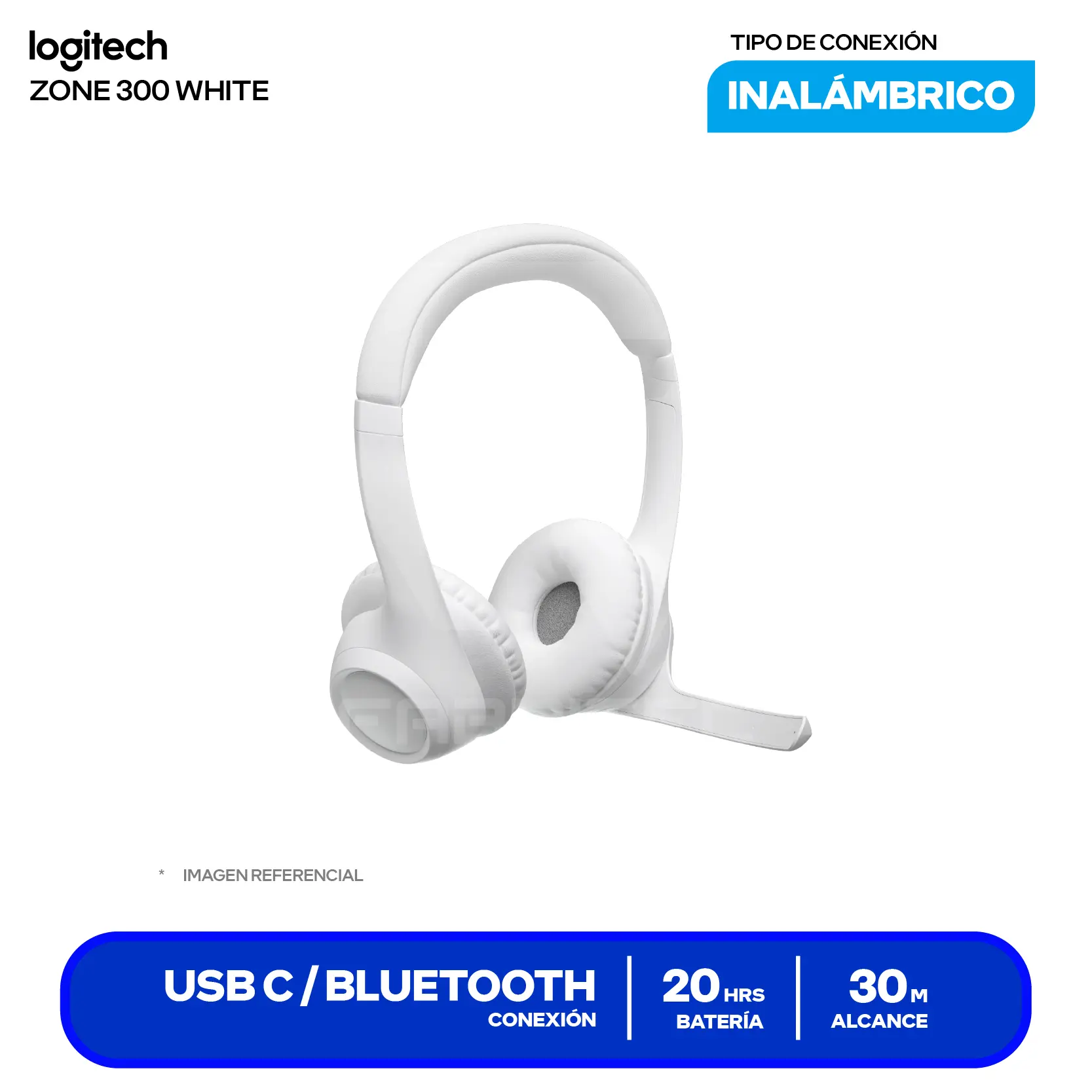 Audífono Logitech Zone 300 Blanco (981-1416), Inalámbrico Bluetooth 5.3, Micrófono Integrado