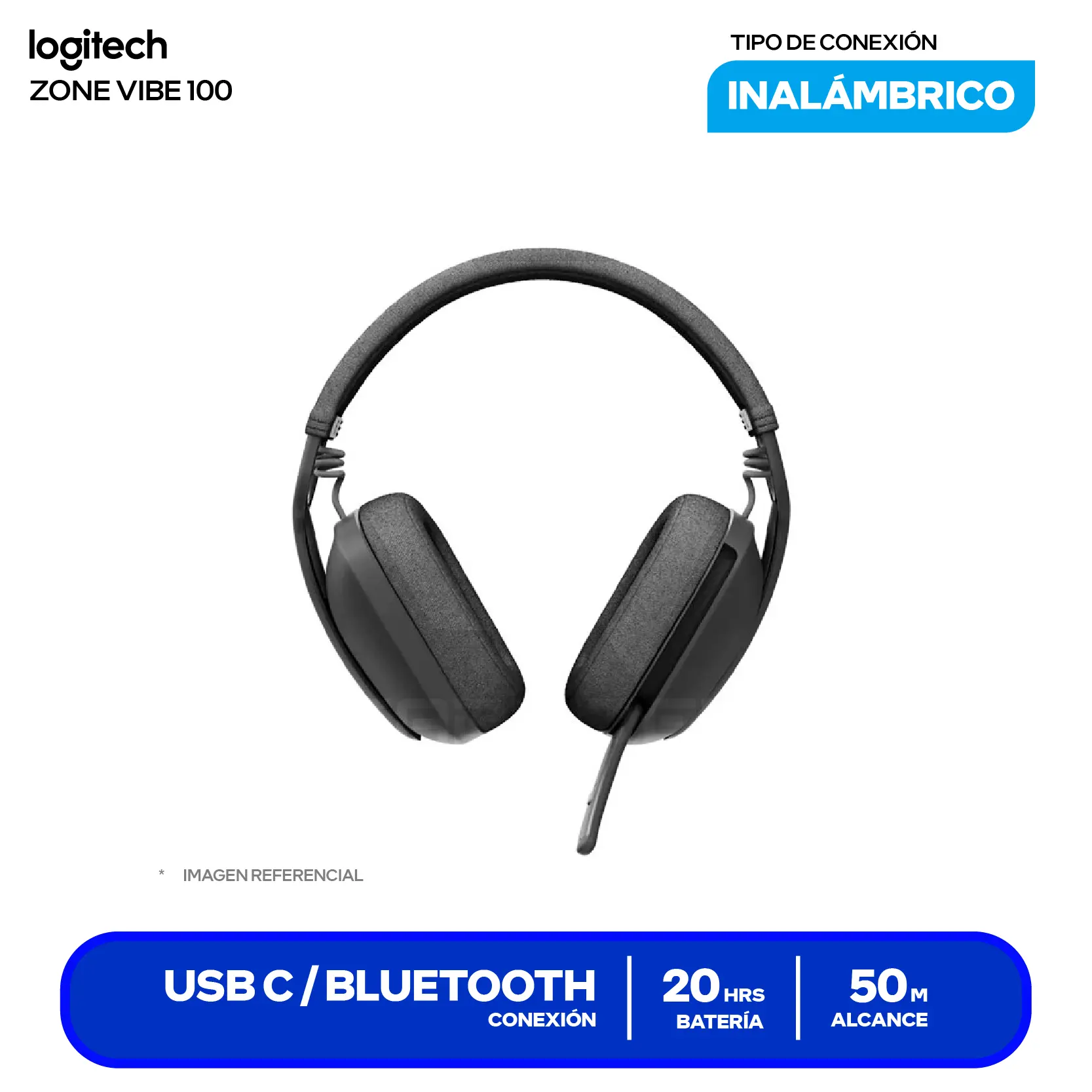 Audífono Logitech Zone Vibe 100 Negro (981-001214) Inalámbrico Bluetooth 5.2, Micrófono Integrado