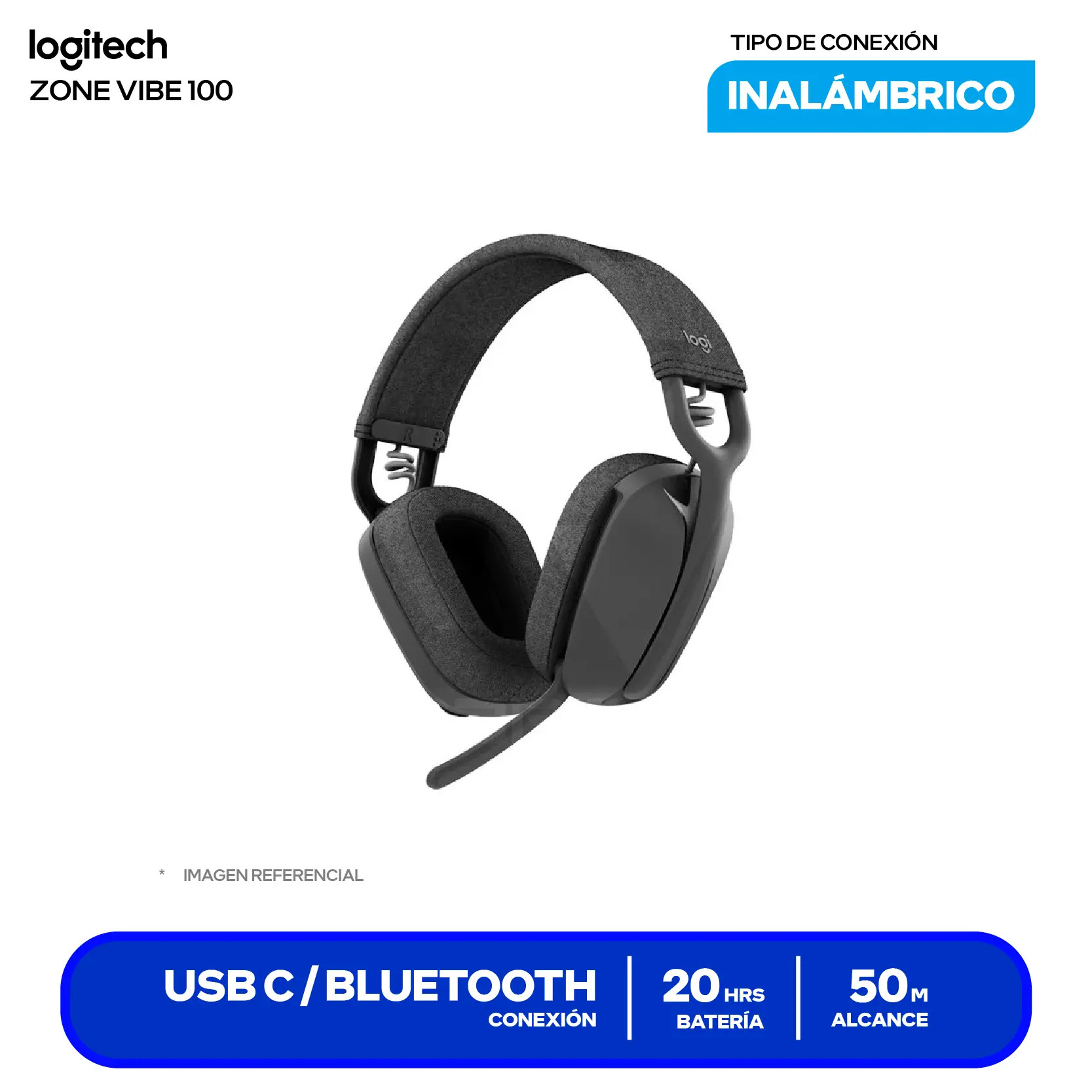 Audífono Logitech Zone Vibe 100 Negro (981-001214) Inalámbrico Bluetooth 5.2, Micrófono Integrado