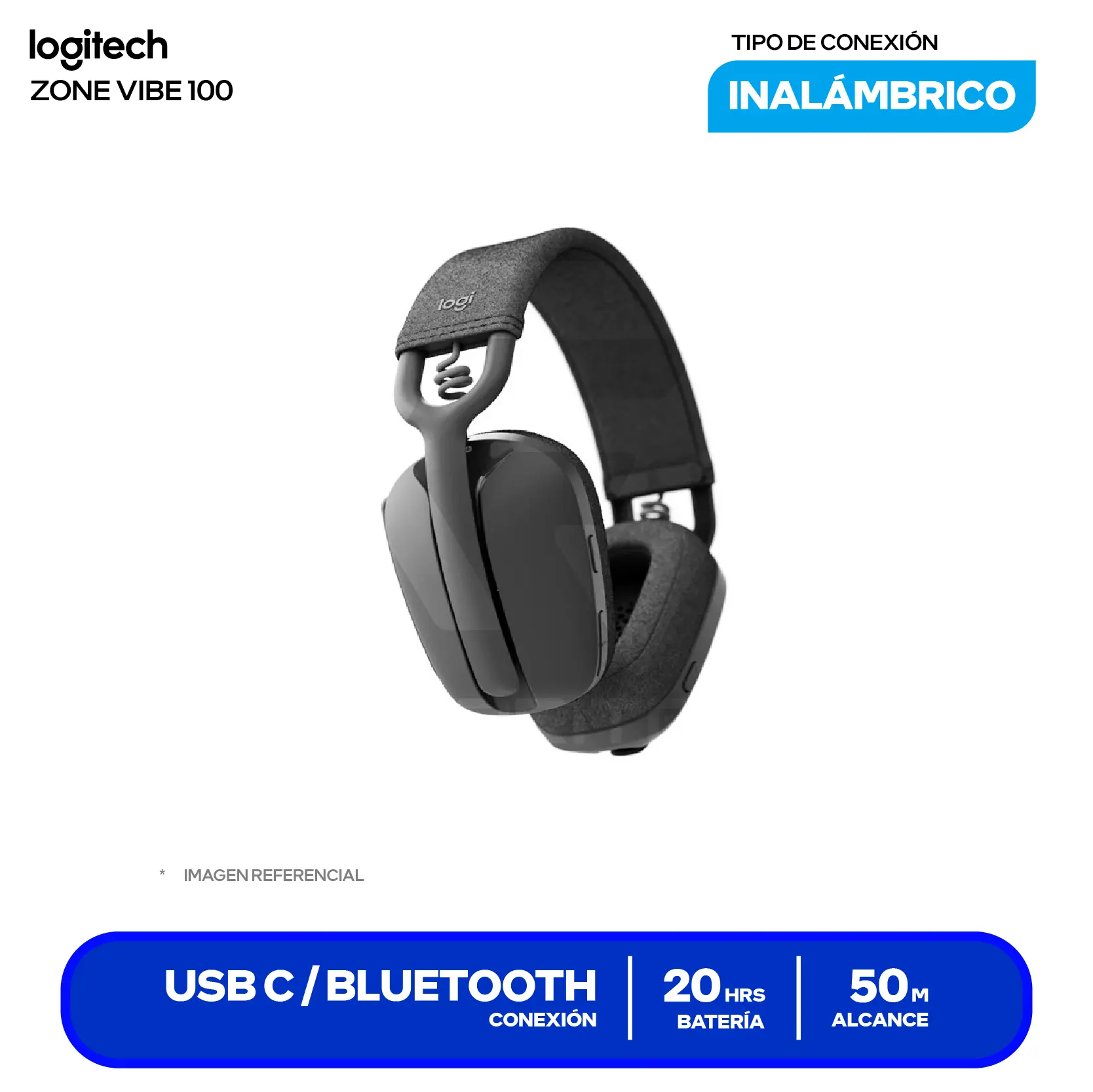 Audífono Logitech Zone Vibe 100 Negro (981-001214) Inalámbrico Bluetooth 5.2, Micrófono Integrado
