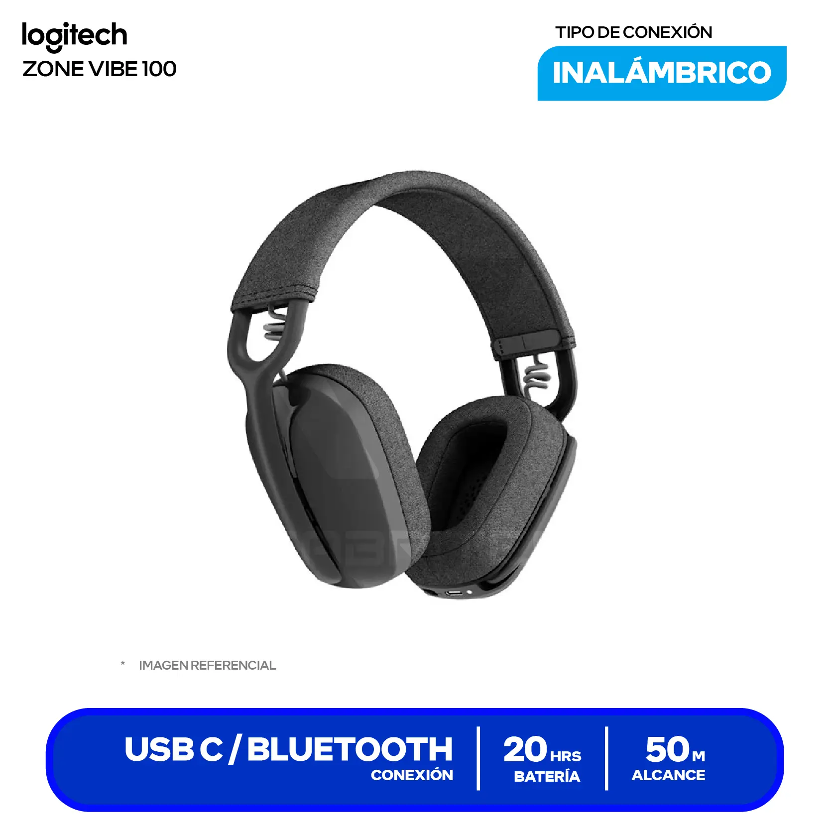 Audífono Logitech Zone Vibe 100 Negro (981-001214) Inalámbrico Bluetooth 5.2, Micrófono Integrado