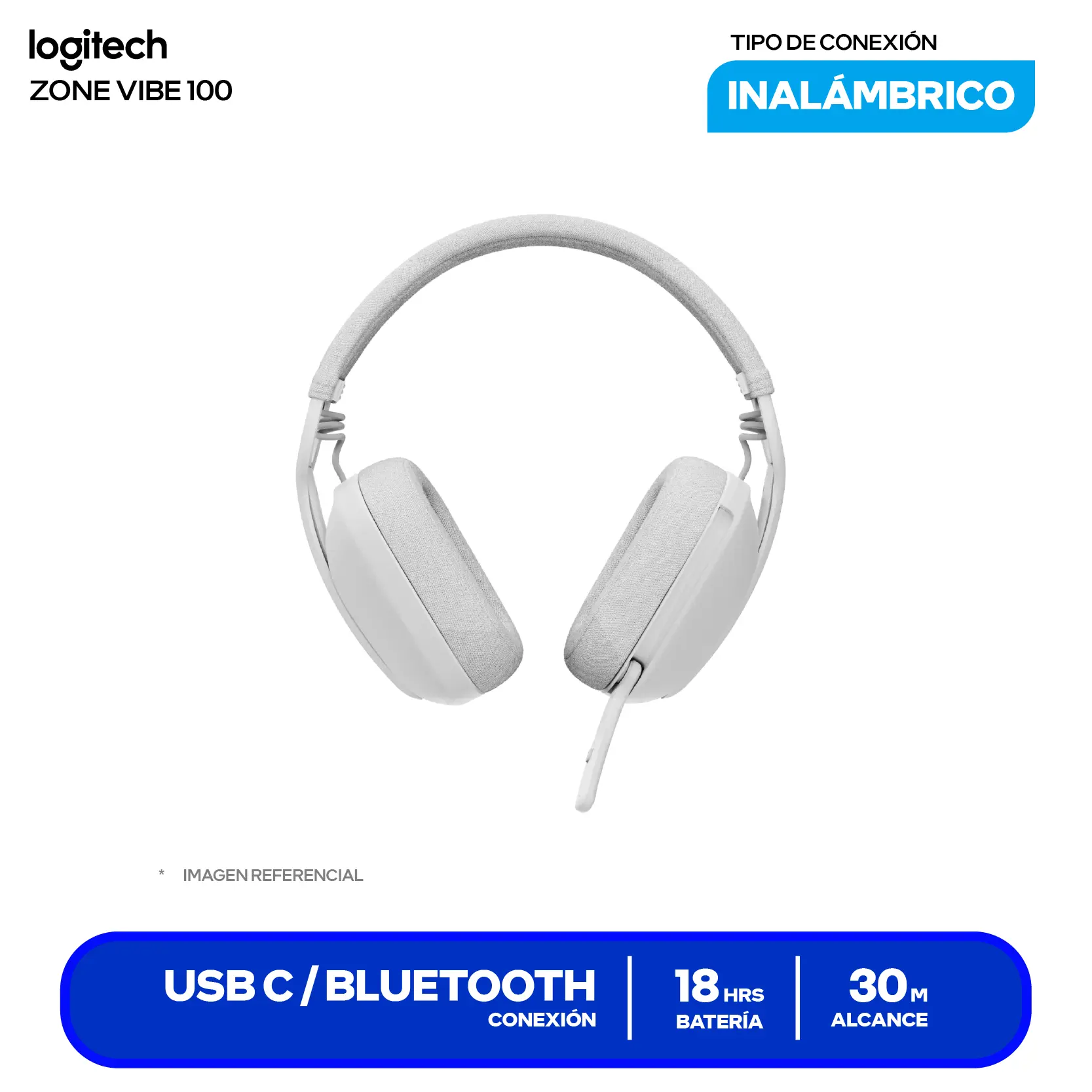Audífono Logitech Zone Vibe 100 Blanco (981-001218), Inalámbrico Bluetooth, Micrófono Integrado