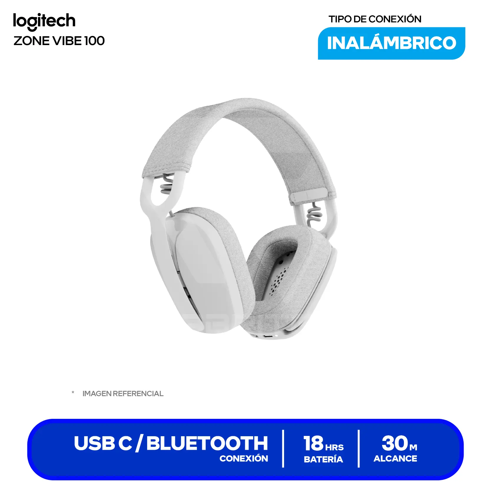 Audífono Logitech Zone Vibe 100 Blanco (981-001218), Inalámbrico Bluetooth, Micrófono Integrado