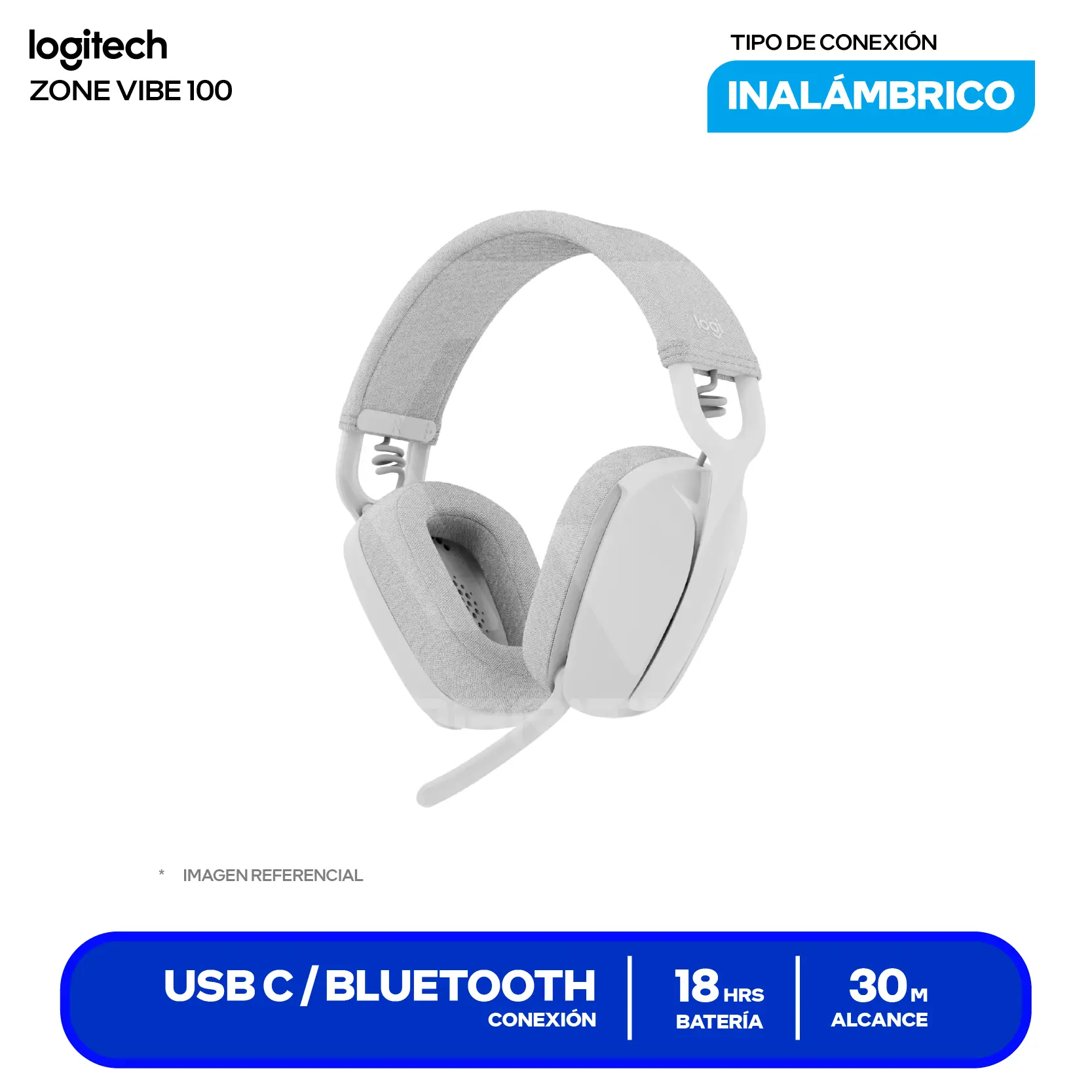 Audífono Logitech Zone Vibe 100 Blanco (981-001218), Inalámbrico Bluetooth, Micrófono Integrado