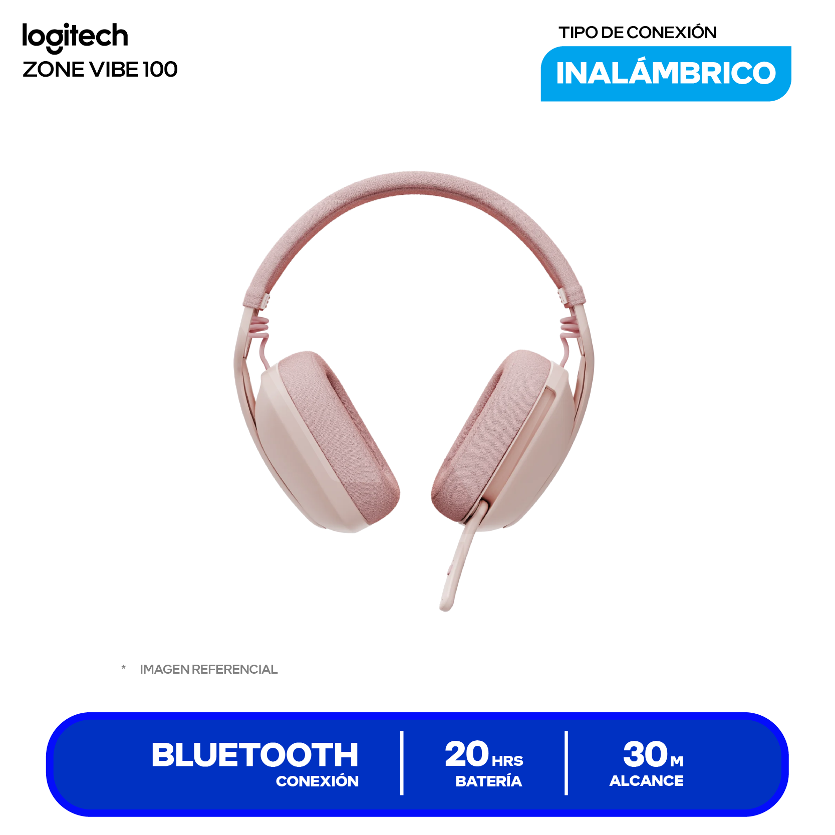 Audífono Logitech Zone Vibe 100 Rosa (981-001223) Inalámbrico Bluetooth, Micrófono Volteable para Silenciar