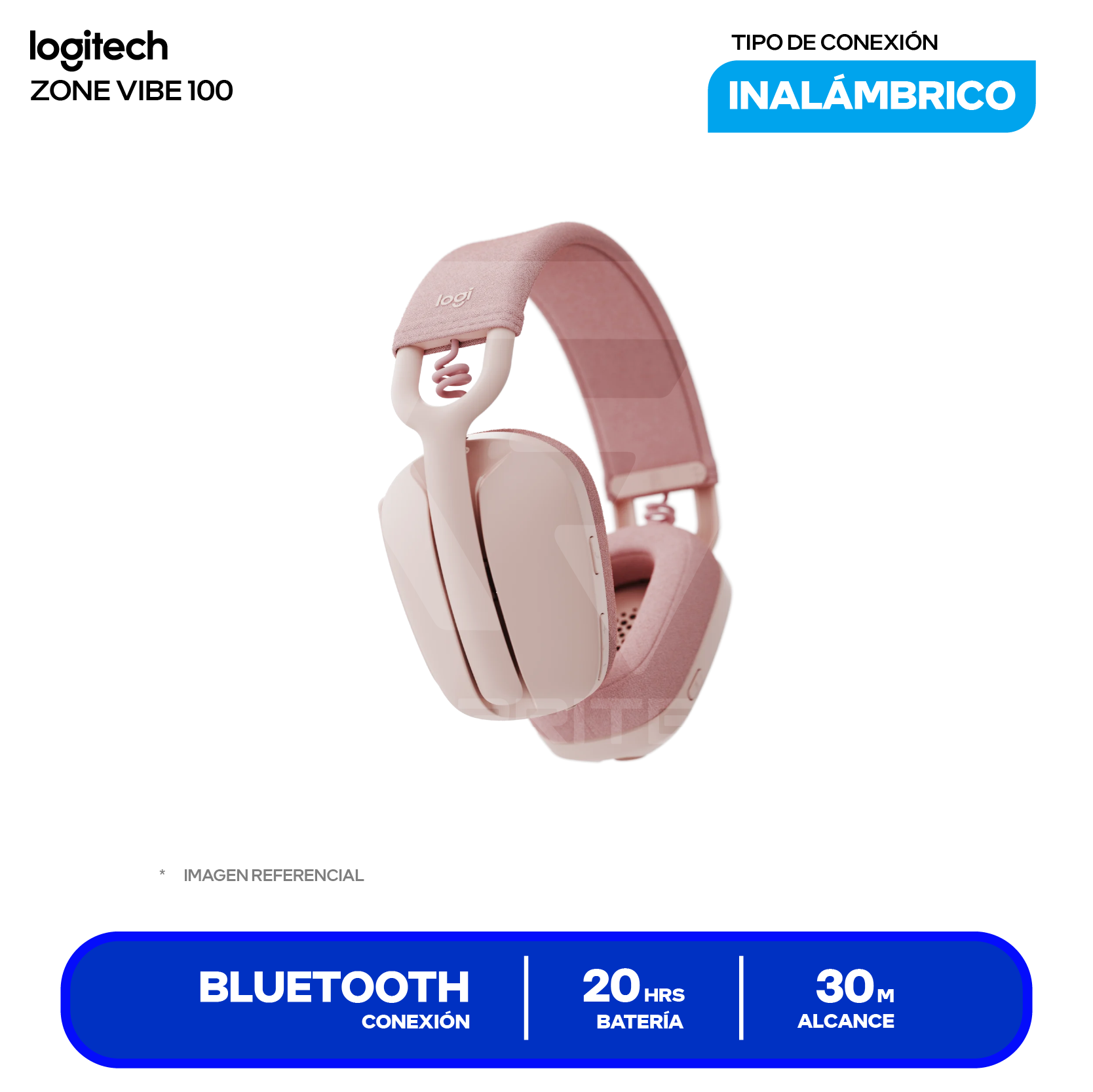 Audífono Logitech Zone Vibe 100 Rosa (981-001223) Inalámbrico Bluetooth, Micrófono Volteable para Silenciar