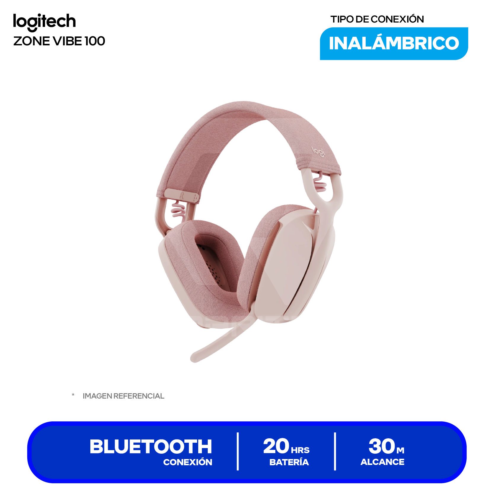Audífono Logitech Zone Vibe 100 Rosa (981-001223) Inalámbrico Bluetooth, Micrófono Volteable para Silenciar