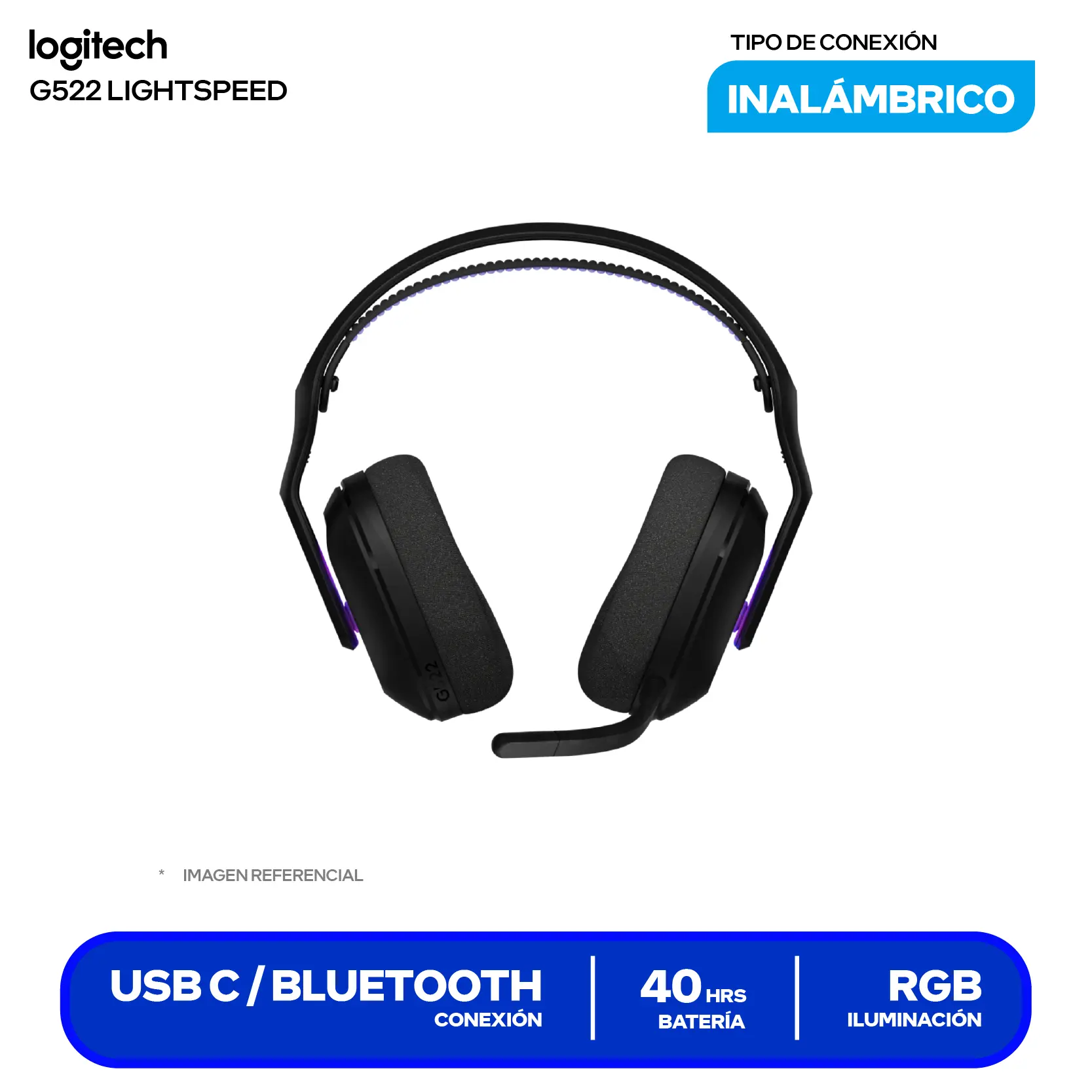 Audífono Gamer Logitech G522 Negro (981-001543) Inalámbrico LIGHTSPEED, Bluetooth 5.3, USB-C, Transductores PRO-G, RGB, Batería 90h