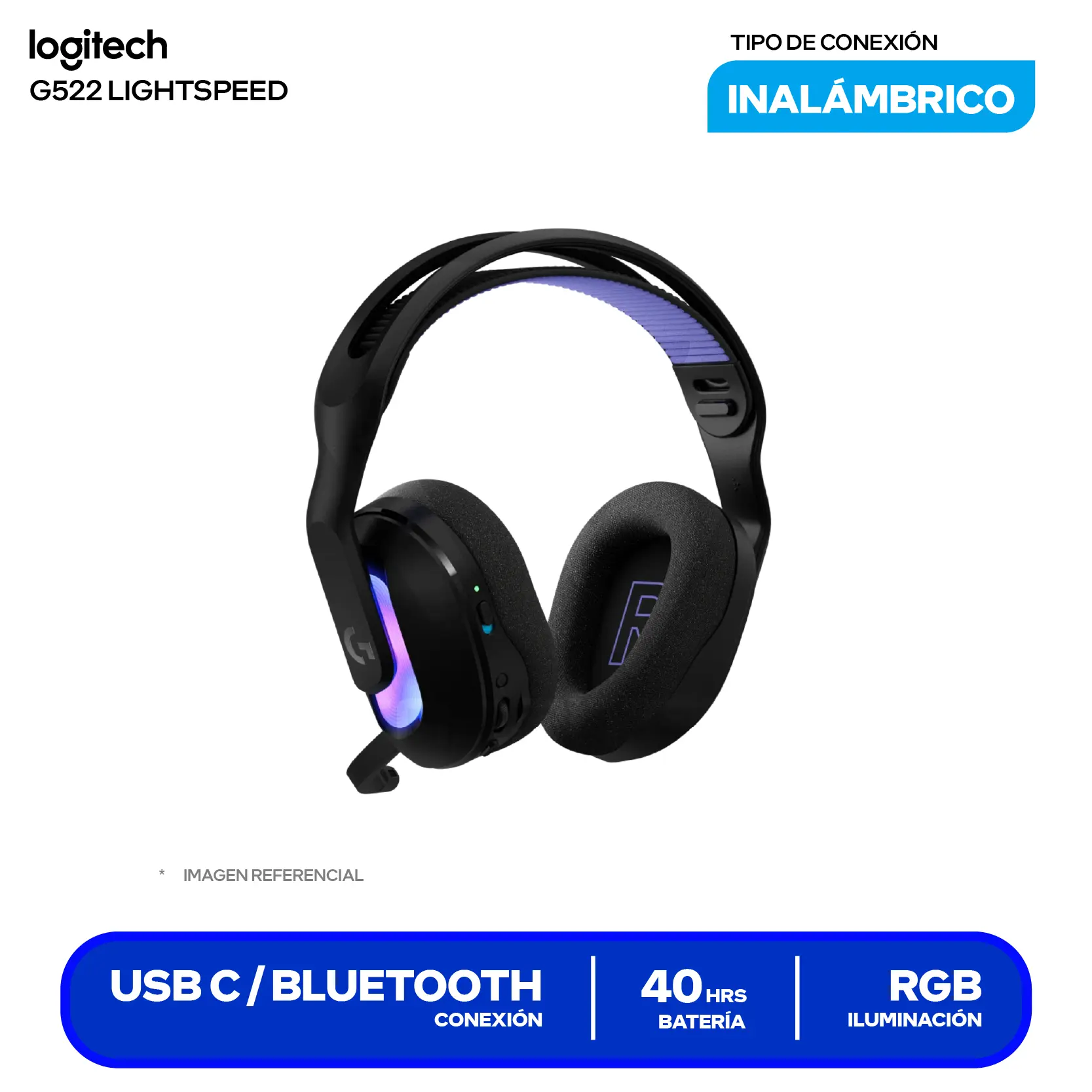 Audífono Gamer Logitech G522 Negro (981-001543) Inalámbrico LIGHTSPEED, Bluetooth 5.3, USB-C, Transductores PRO-G, RGB, Batería 90h