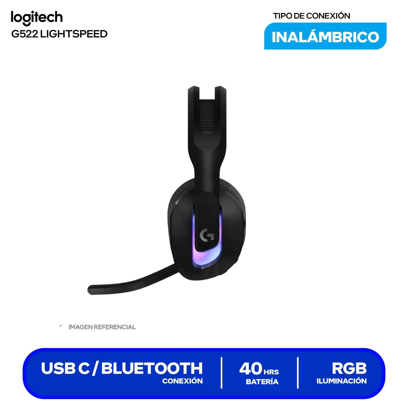 Audífono Gamer Logitech G522 Negro (981-001543) Inalámbrico LIGHTSPEED, Bluetooth 5.3, USB-C, Transductores PRO-G, RGB, Batería 90h