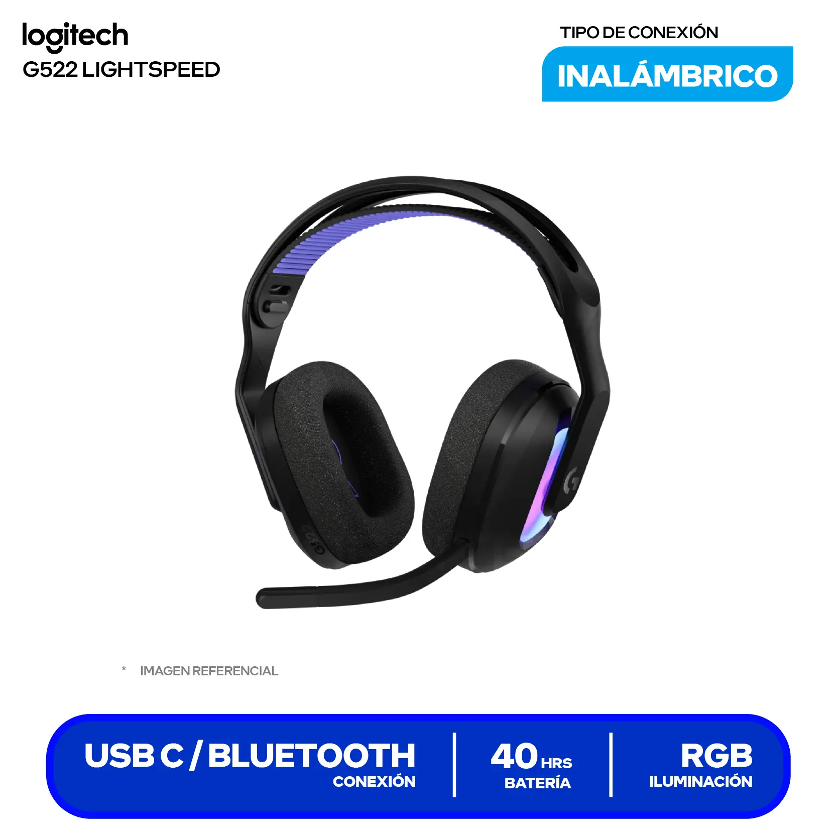 Audífono Gamer Logitech G522 Negro (981-001543) Inalámbrico LIGHTSPEED, Bluetooth 5.3, USB-C, Transductores PRO-G, RGB, Batería 90h