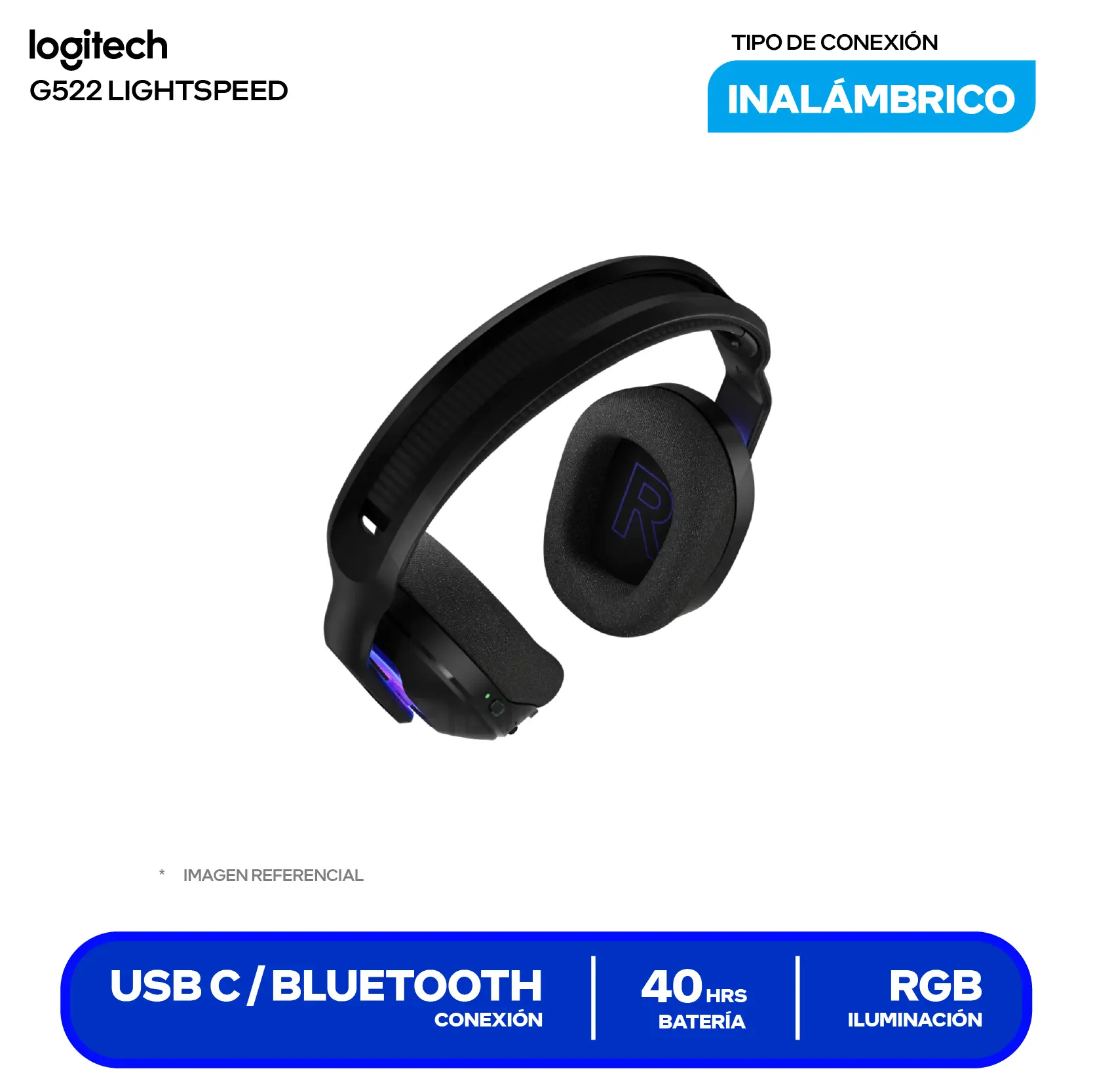 Audífono Gamer Logitech G522 Negro (981-001543) Inalámbrico LIGHTSPEED, Bluetooth 5.3, USB-C, Transductores PRO-G, RGB, Batería 90h